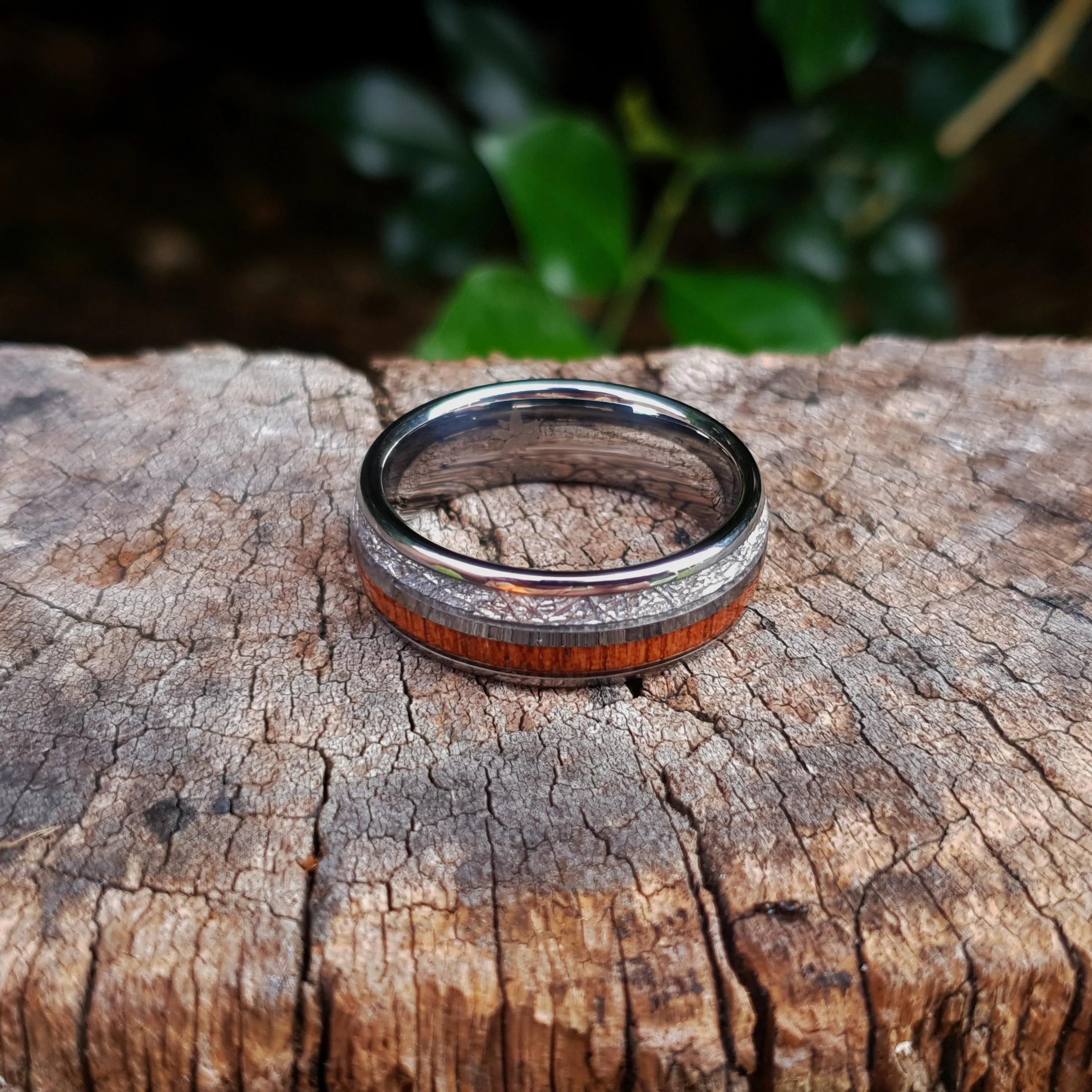 Silver Tungsten, Meteorite and Koa Wood Ring (8mm)