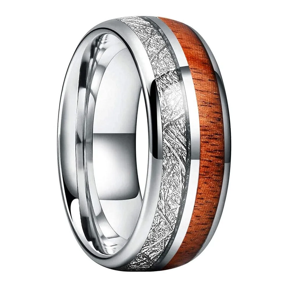 Silver Tungsten, Meteorite and Koa Wood Ring (8mm)