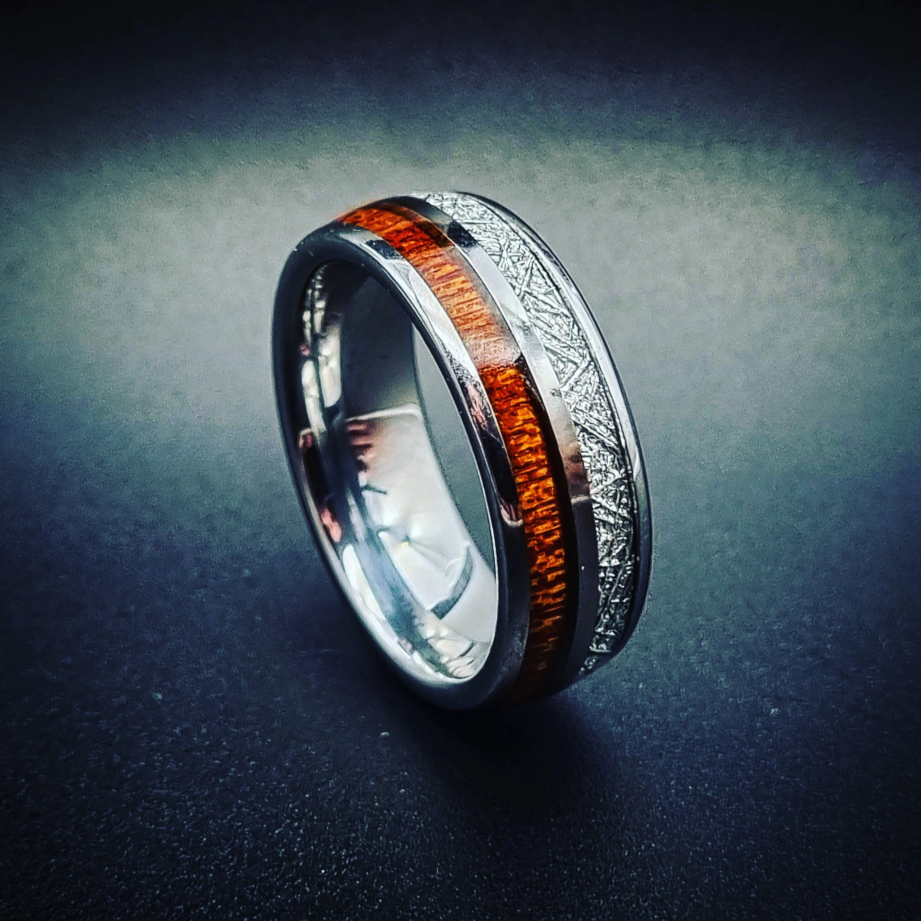 Silver Tungsten, Meteorite and Koa Wood Ring (8mm)