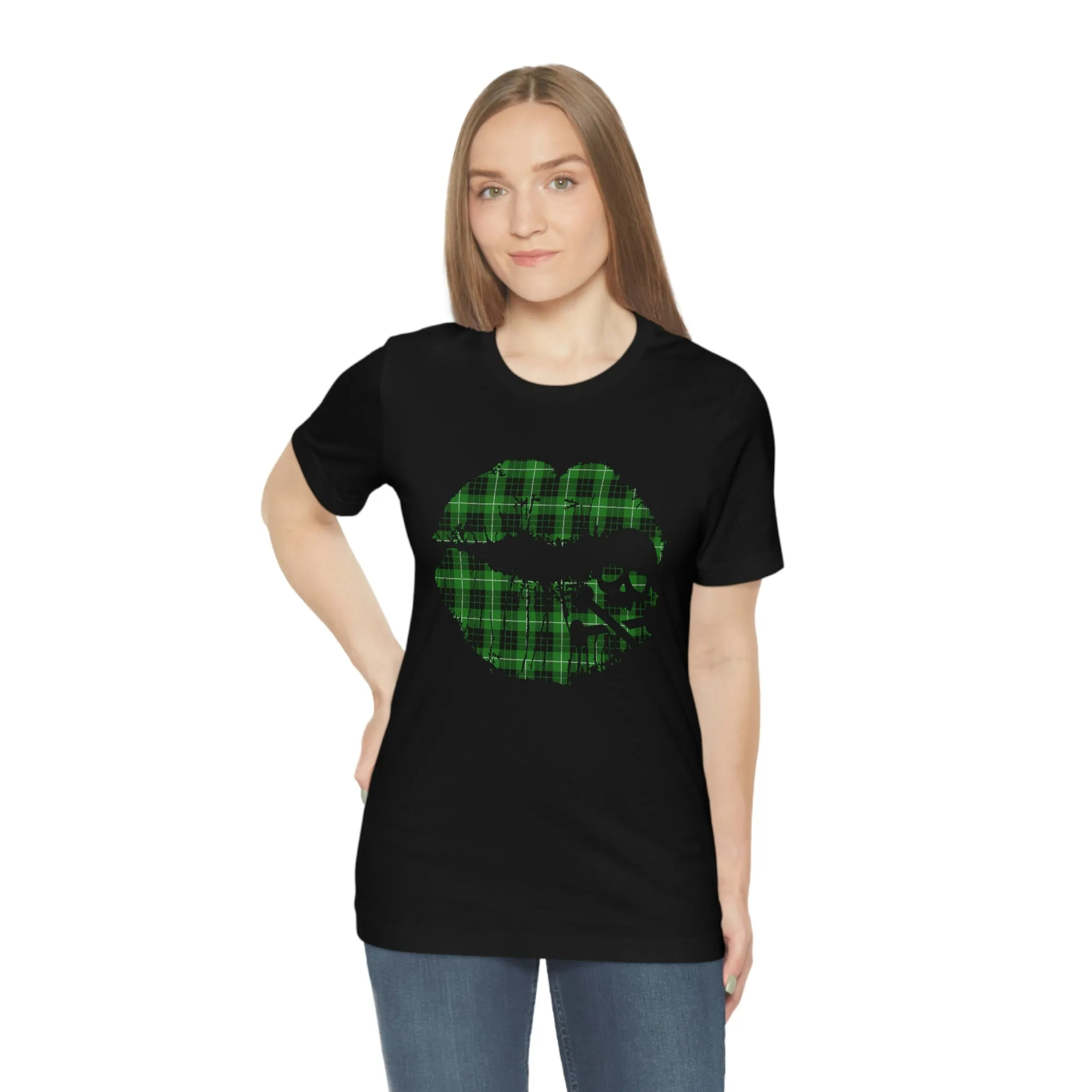 Skull & Crossbones Lips Green Plaid Unisex Jersey Short Sleeve Tee