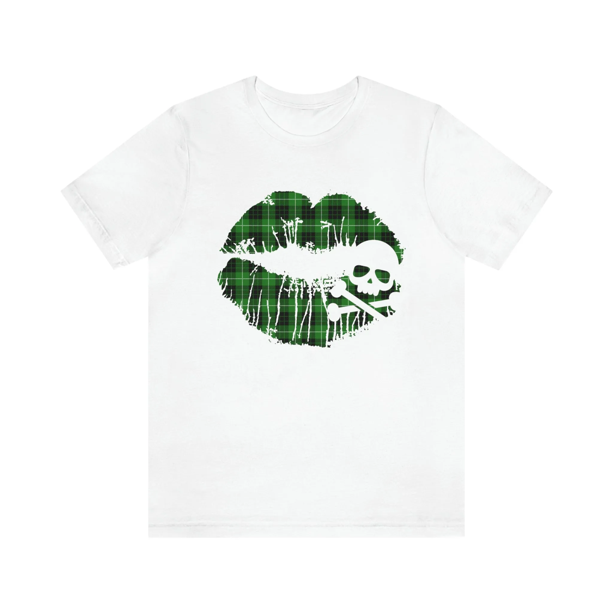 Skull & Crossbones Lips Green Plaid Unisex Jersey Short Sleeve Tee