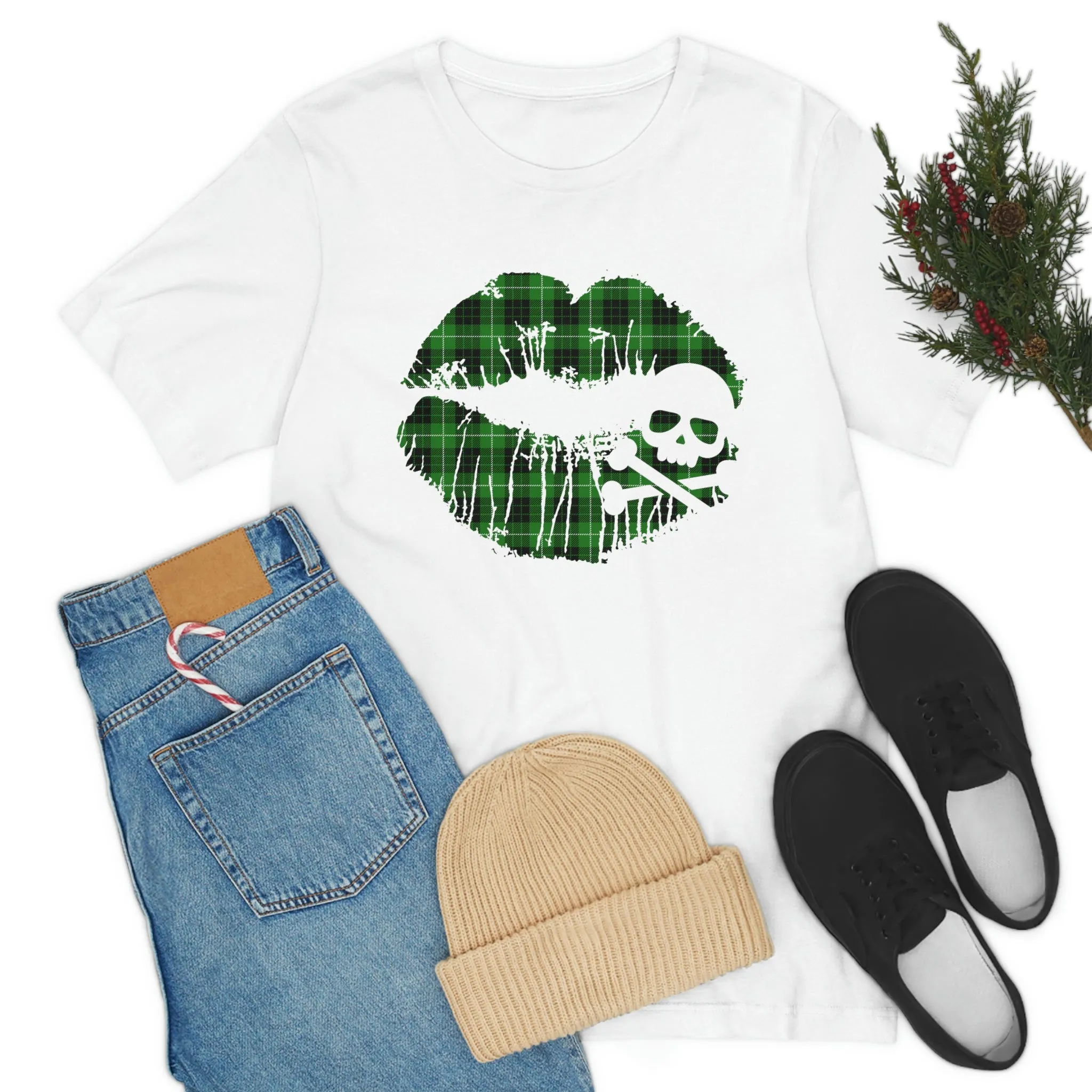 Skull & Crossbones Lips Green Plaid Unisex Jersey Short Sleeve Tee