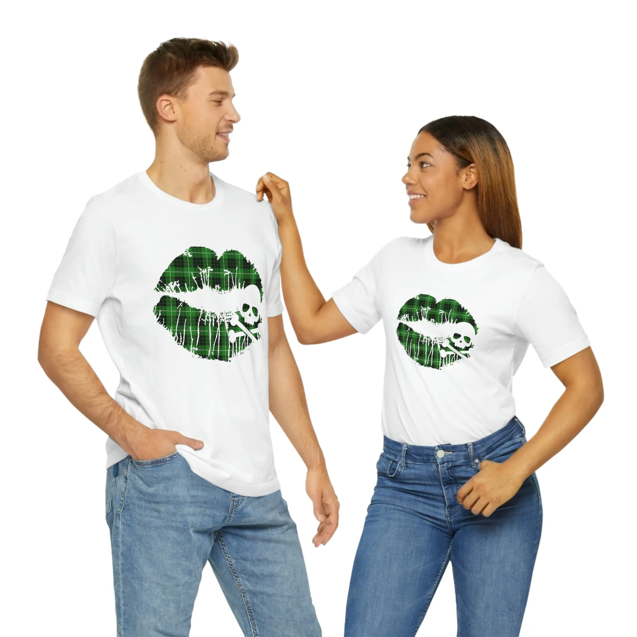 Skull & Crossbones Lips Green Plaid Unisex Jersey Short Sleeve Tee