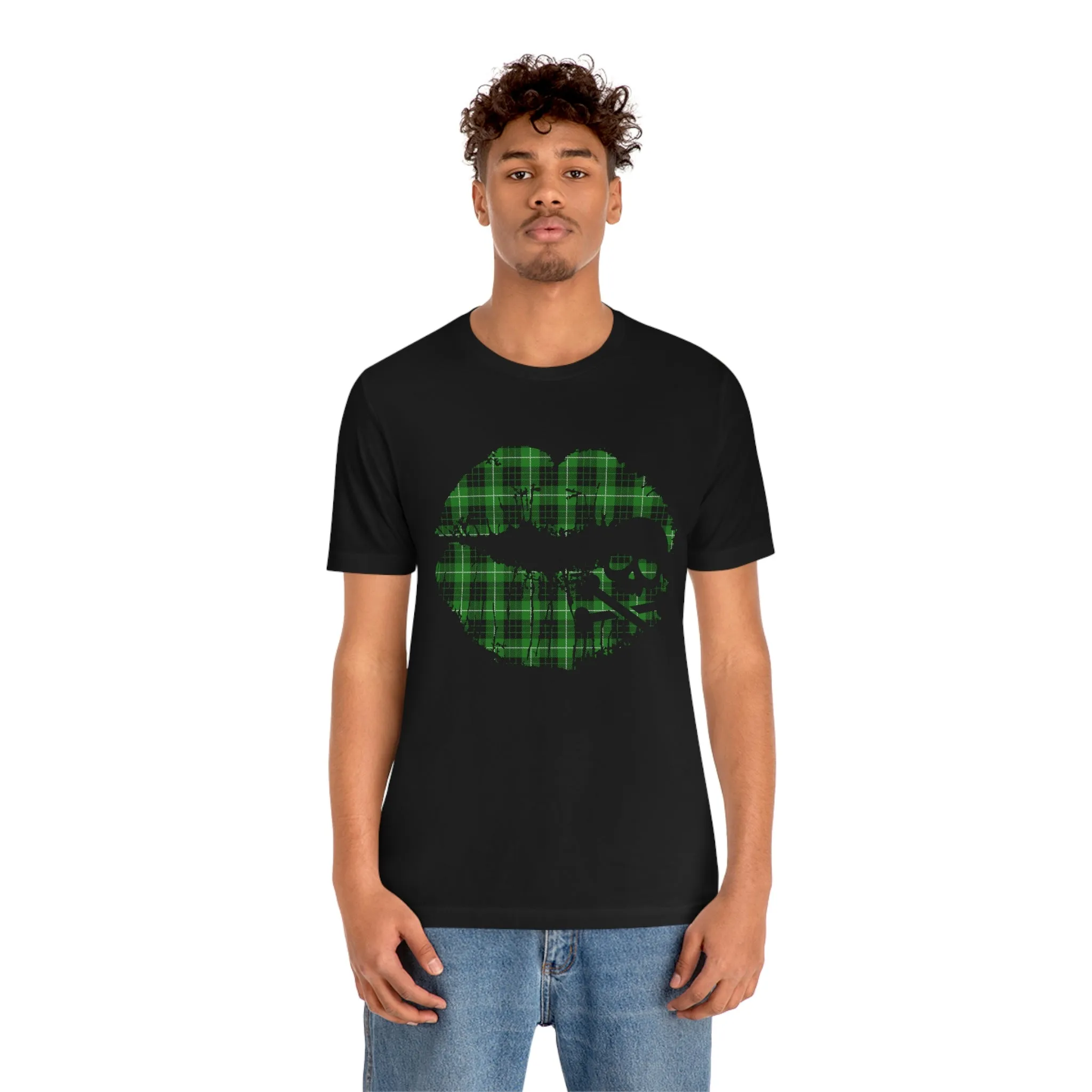 Skull & Crossbones Lips Green Plaid Unisex Jersey Short Sleeve Tee