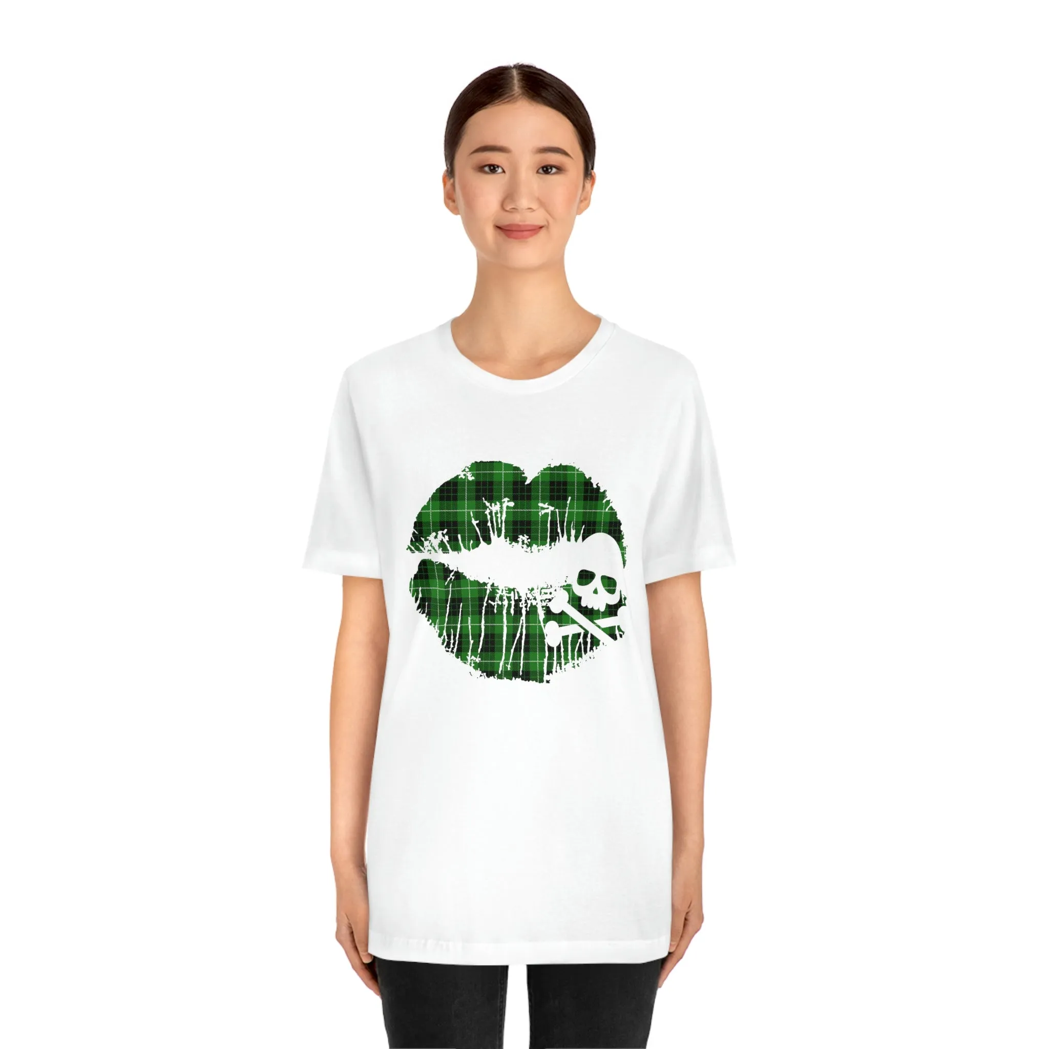 Skull & Crossbones Lips Green Plaid Unisex Jersey Short Sleeve Tee