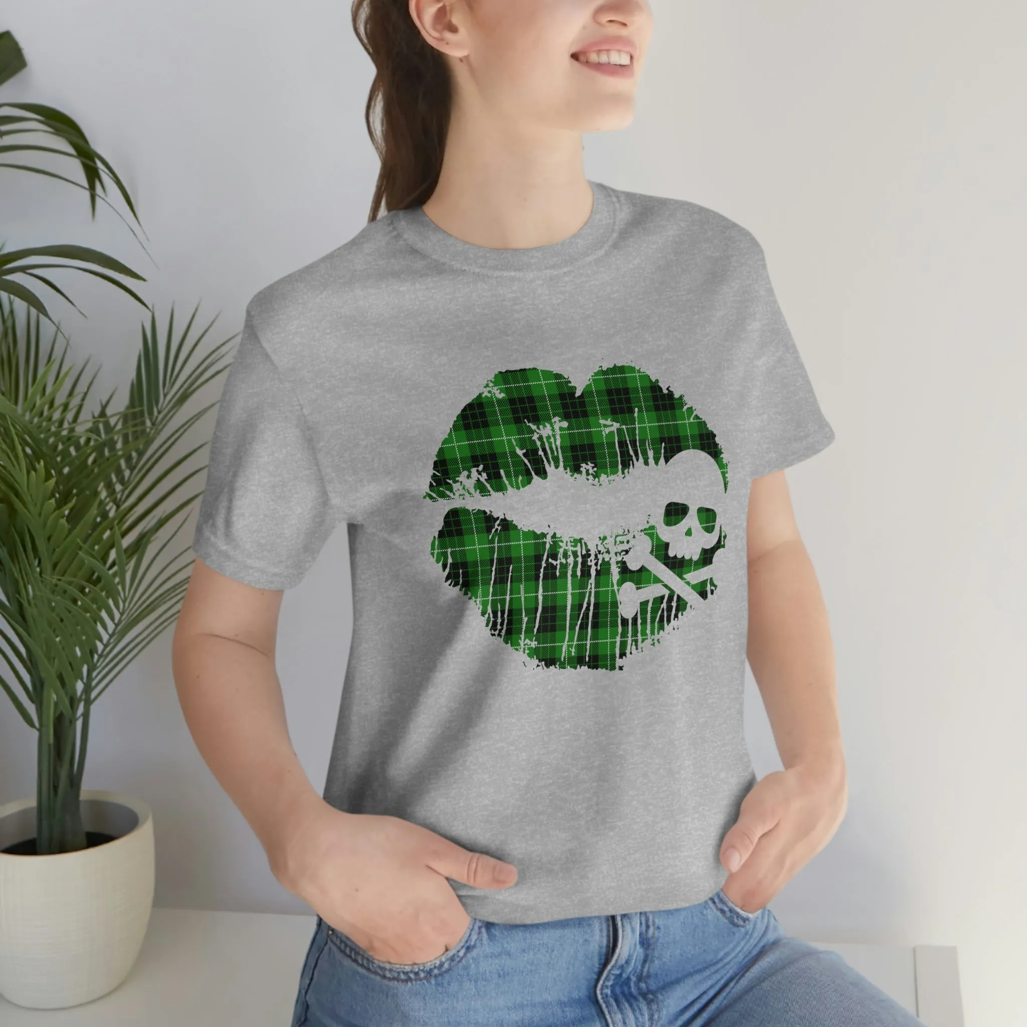 Skull & Crossbones Lips Green Plaid Unisex Jersey Short Sleeve Tee