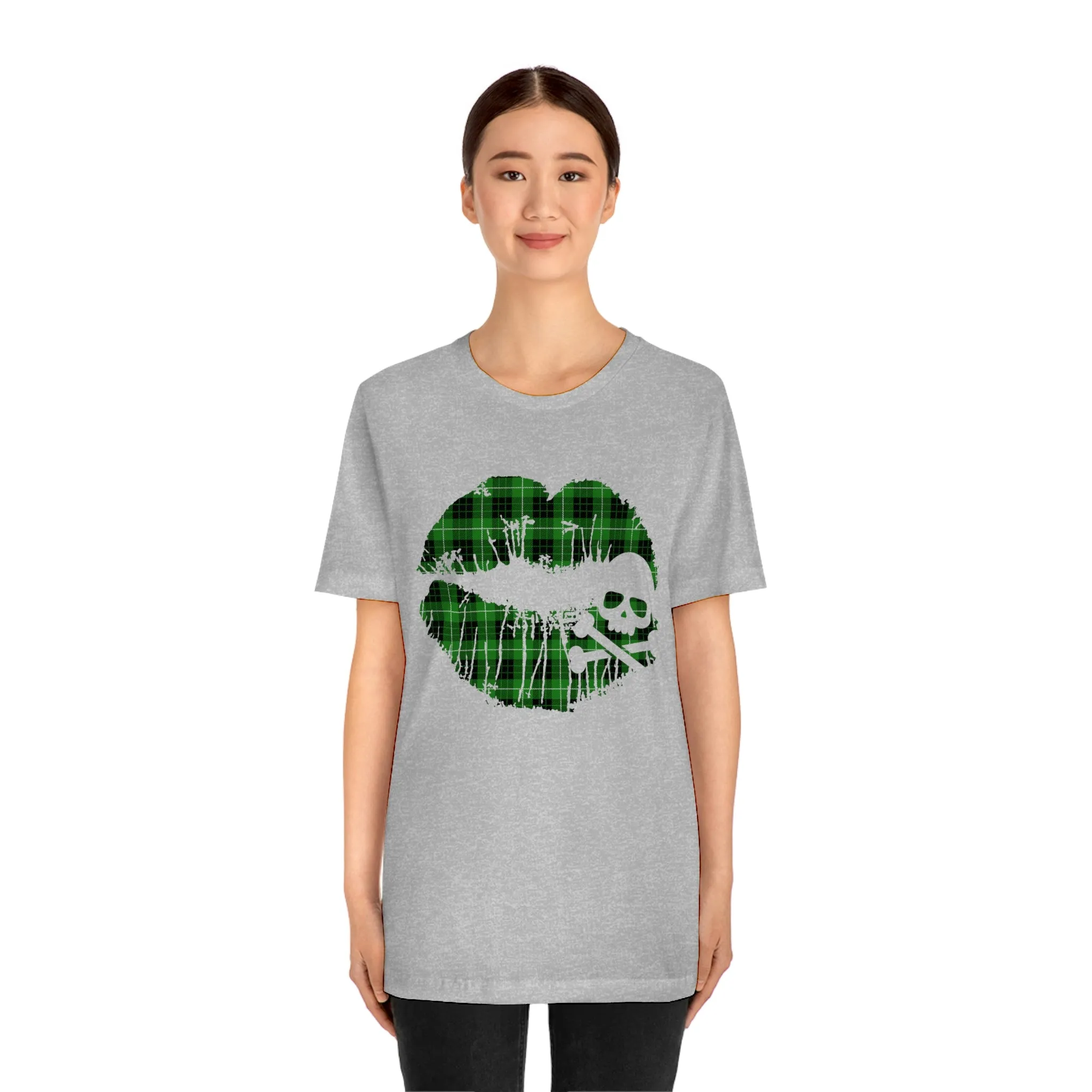 Skull & Crossbones Lips Green Plaid Unisex Jersey Short Sleeve Tee