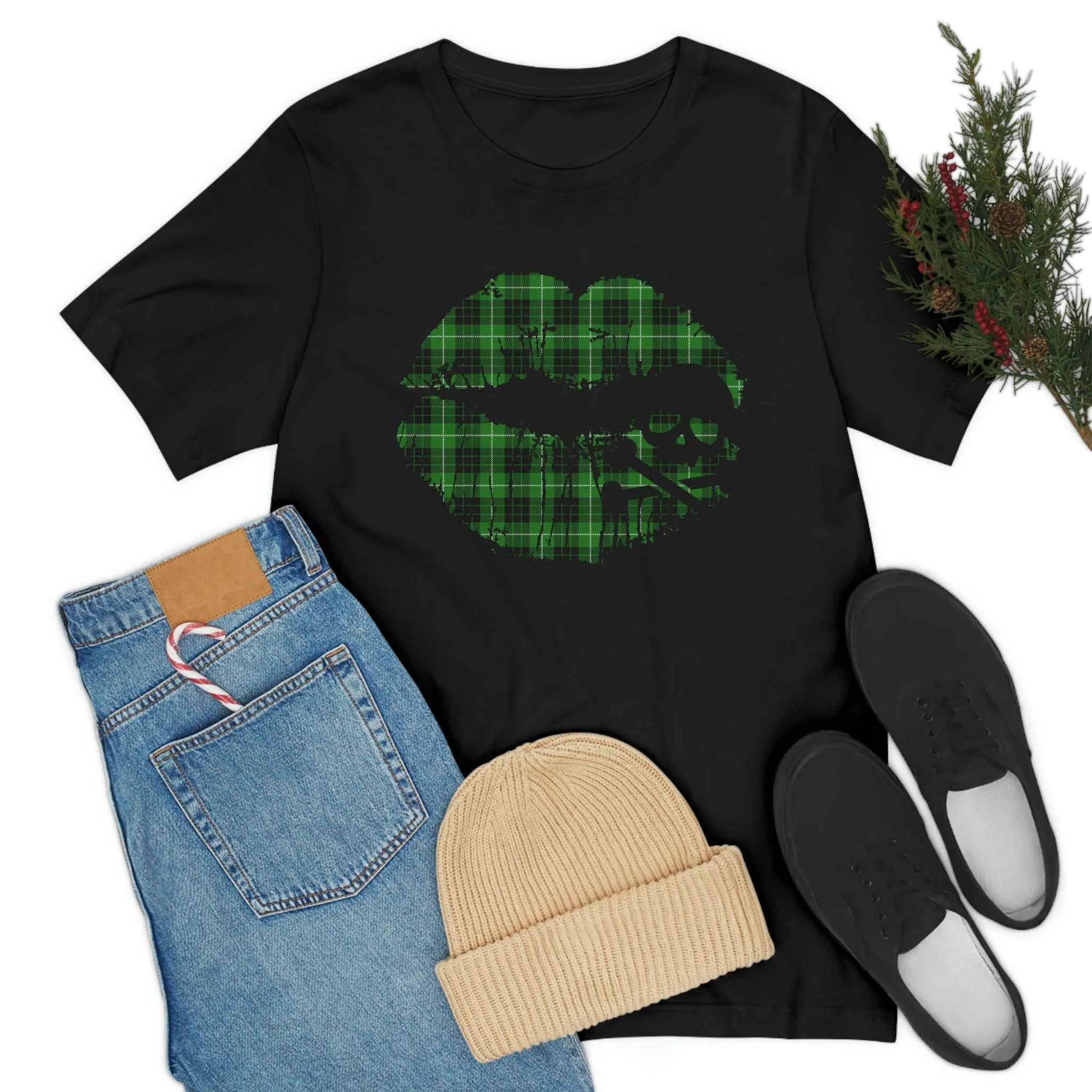 Skull & Crossbones Lips Green Plaid Unisex Jersey Short Sleeve Tee