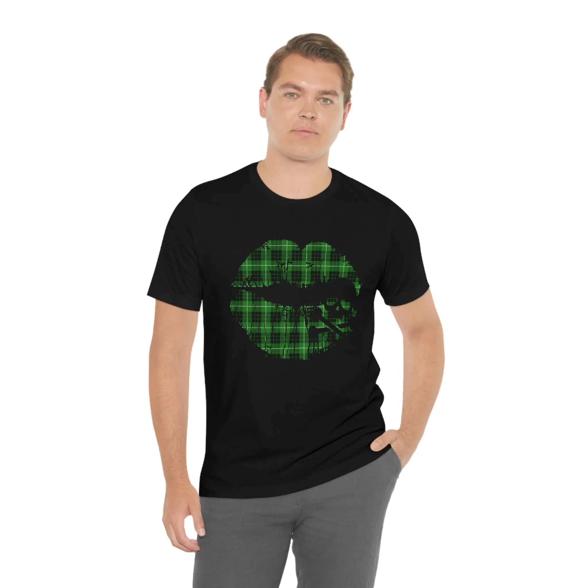 Skull & Crossbones Lips Green Plaid Unisex Jersey Short Sleeve Tee