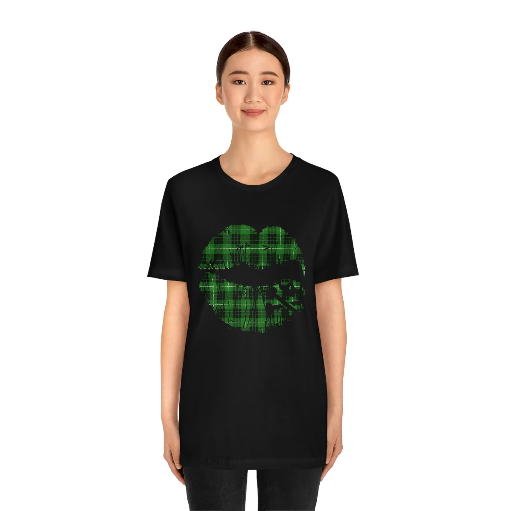 Skull & Crossbones Lips Green Plaid Unisex Jersey Short Sleeve Tee