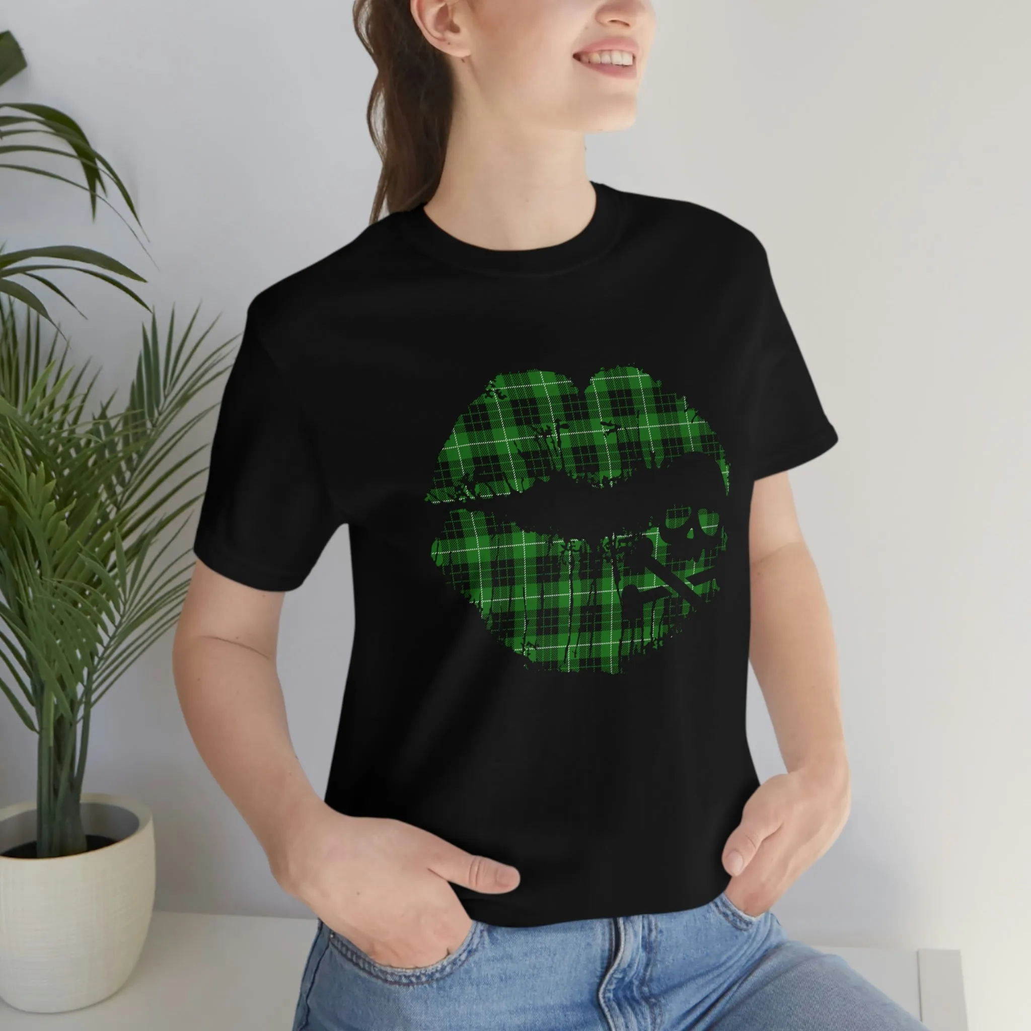 Skull & Crossbones Lips Green Plaid Unisex Jersey Short Sleeve Tee