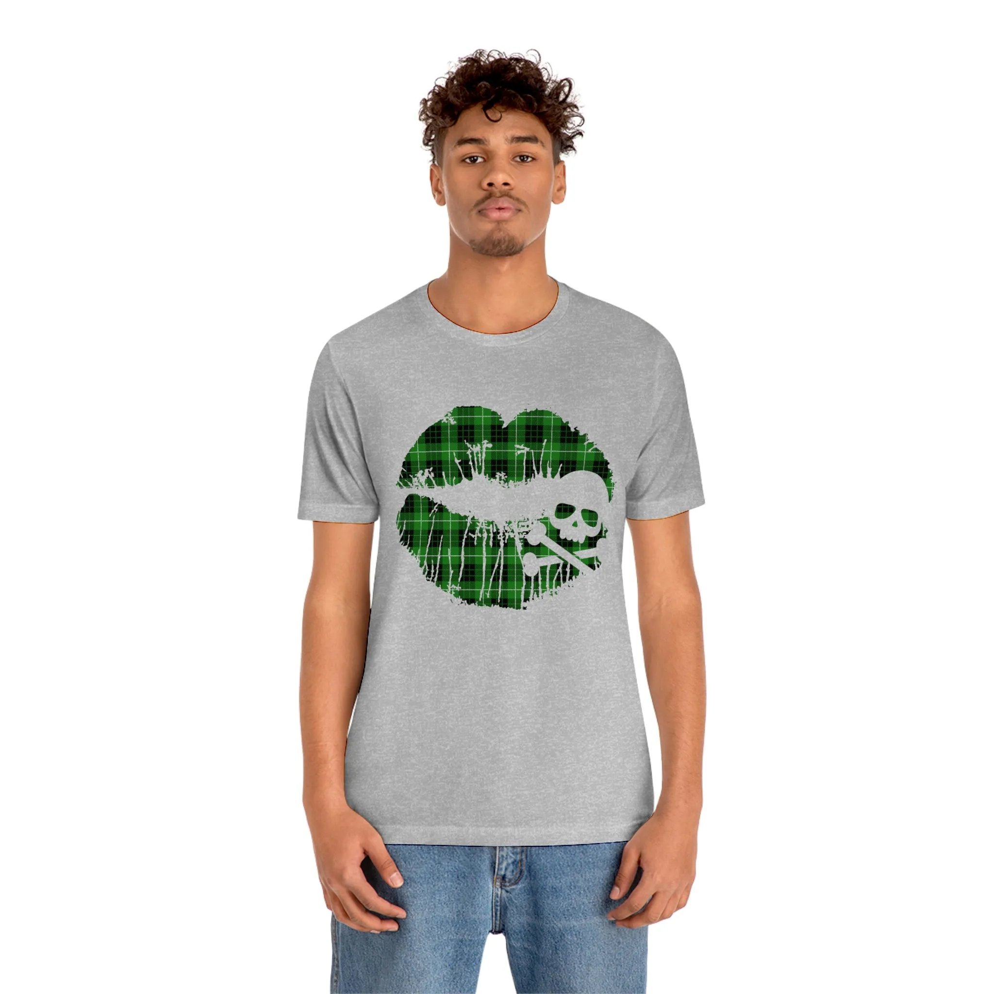 Skull & Crossbones Lips Green Plaid Unisex Jersey Short Sleeve Tee