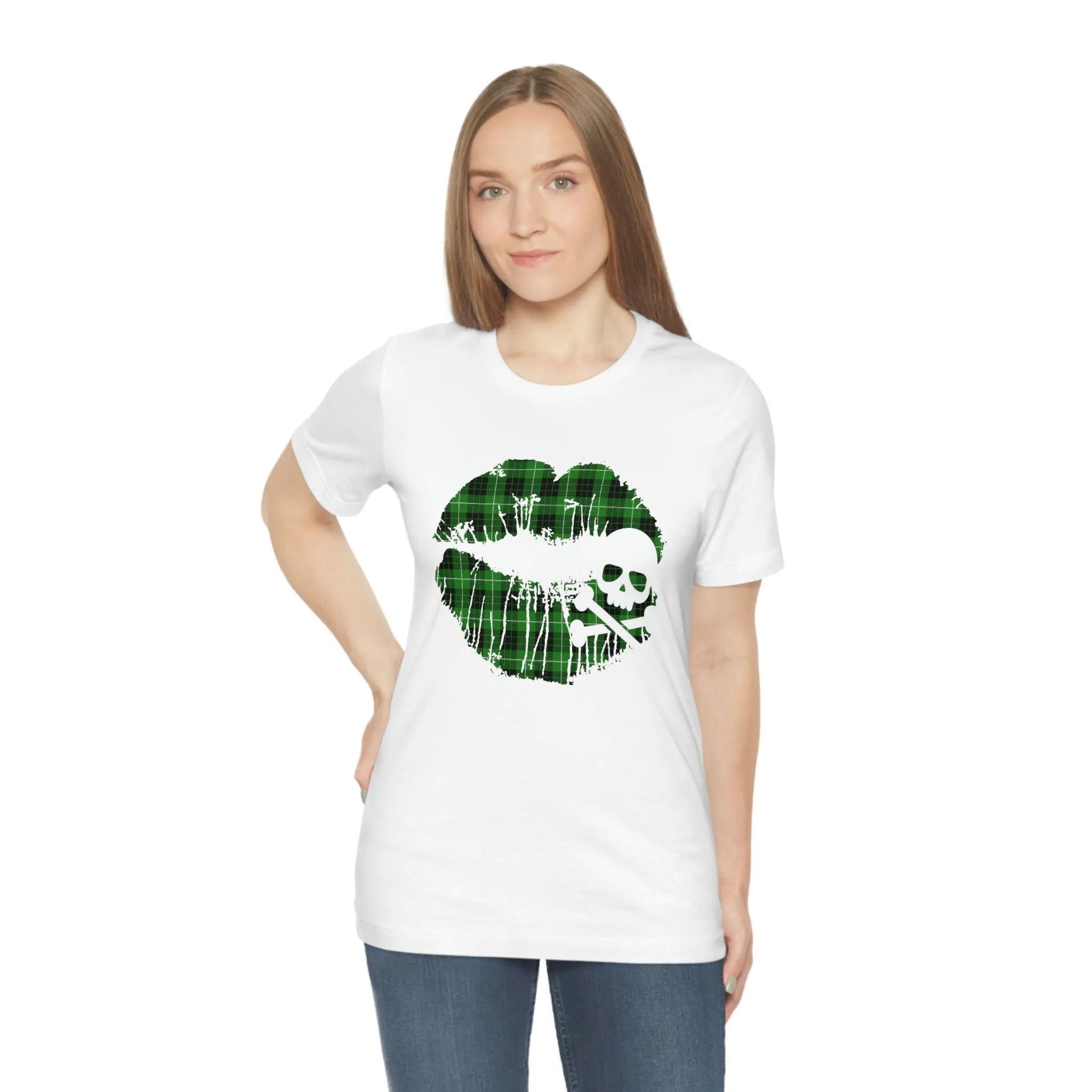 Skull & Crossbones Lips Green Plaid Unisex Jersey Short Sleeve Tee