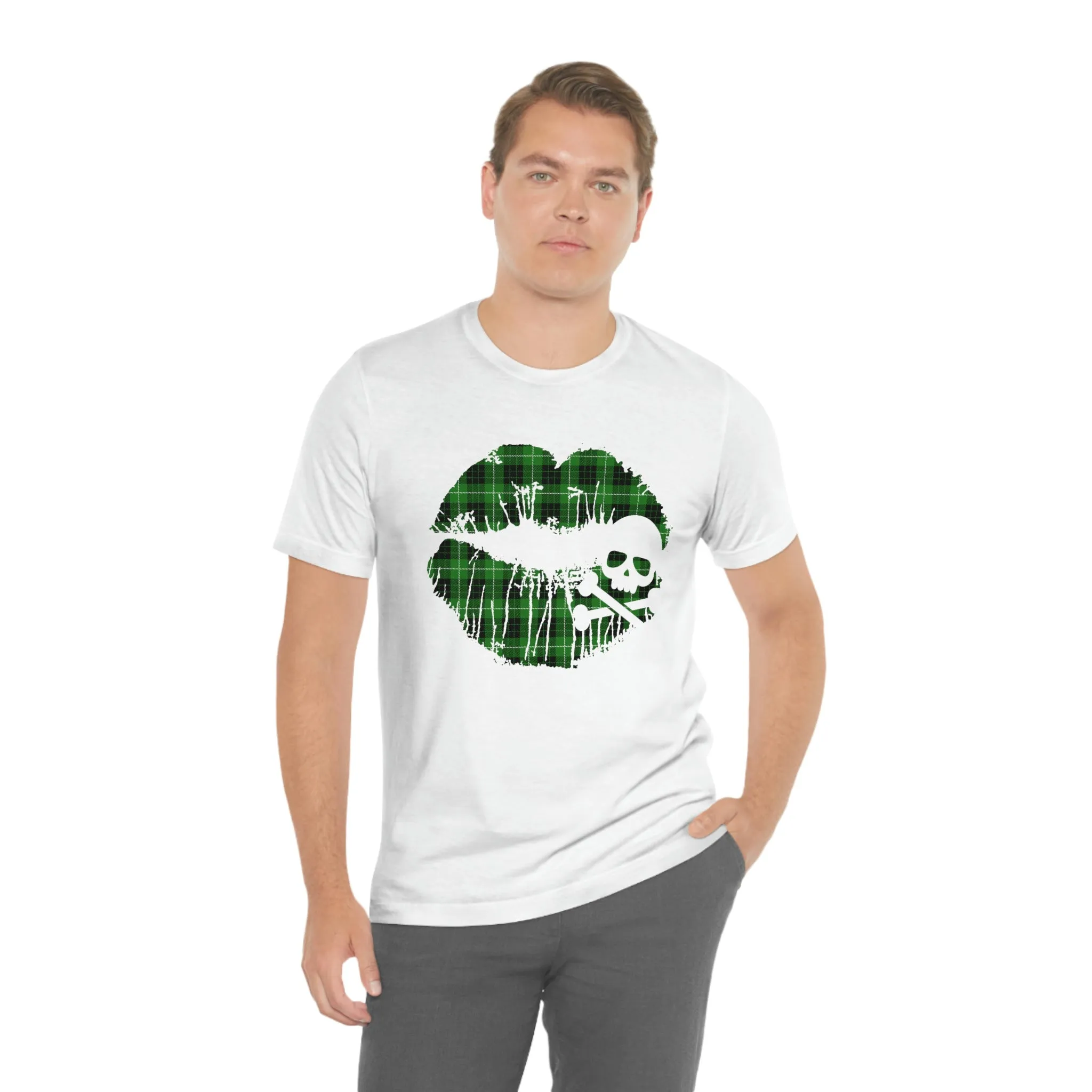 Skull & Crossbones Lips Green Plaid Unisex Jersey Short Sleeve Tee