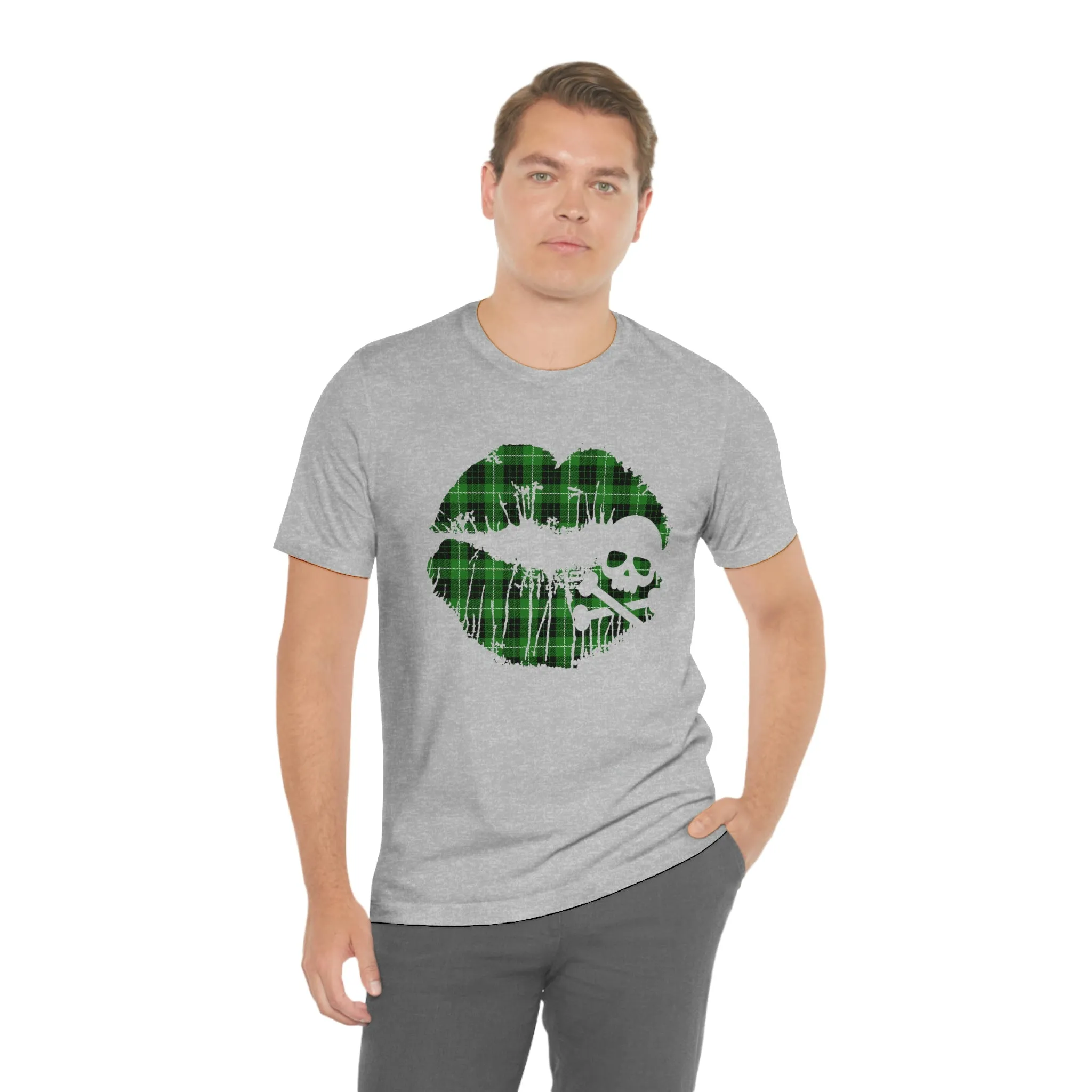 Skull & Crossbones Lips Green Plaid Unisex Jersey Short Sleeve Tee