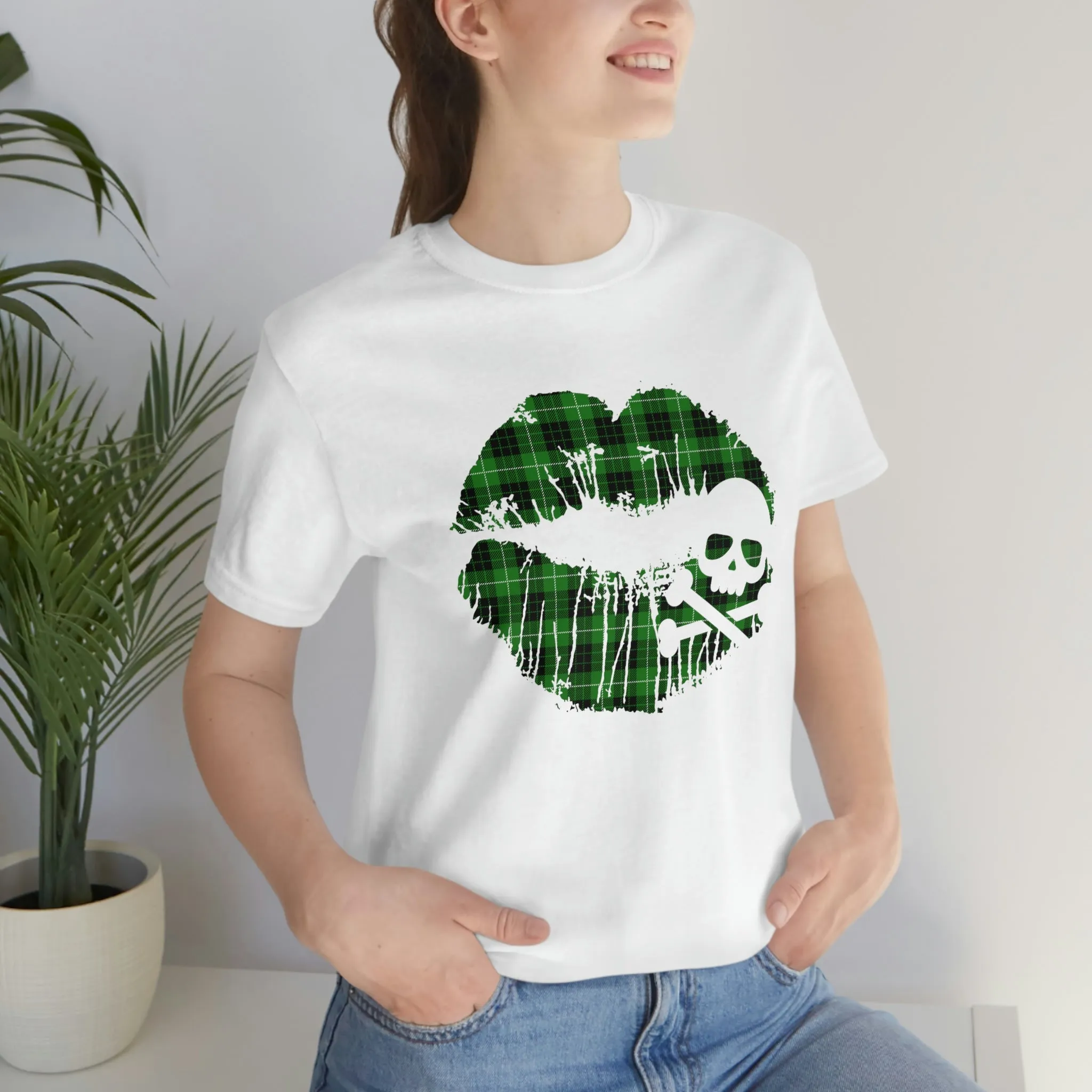 Skull & Crossbones Lips Green Plaid Unisex Jersey Short Sleeve Tee