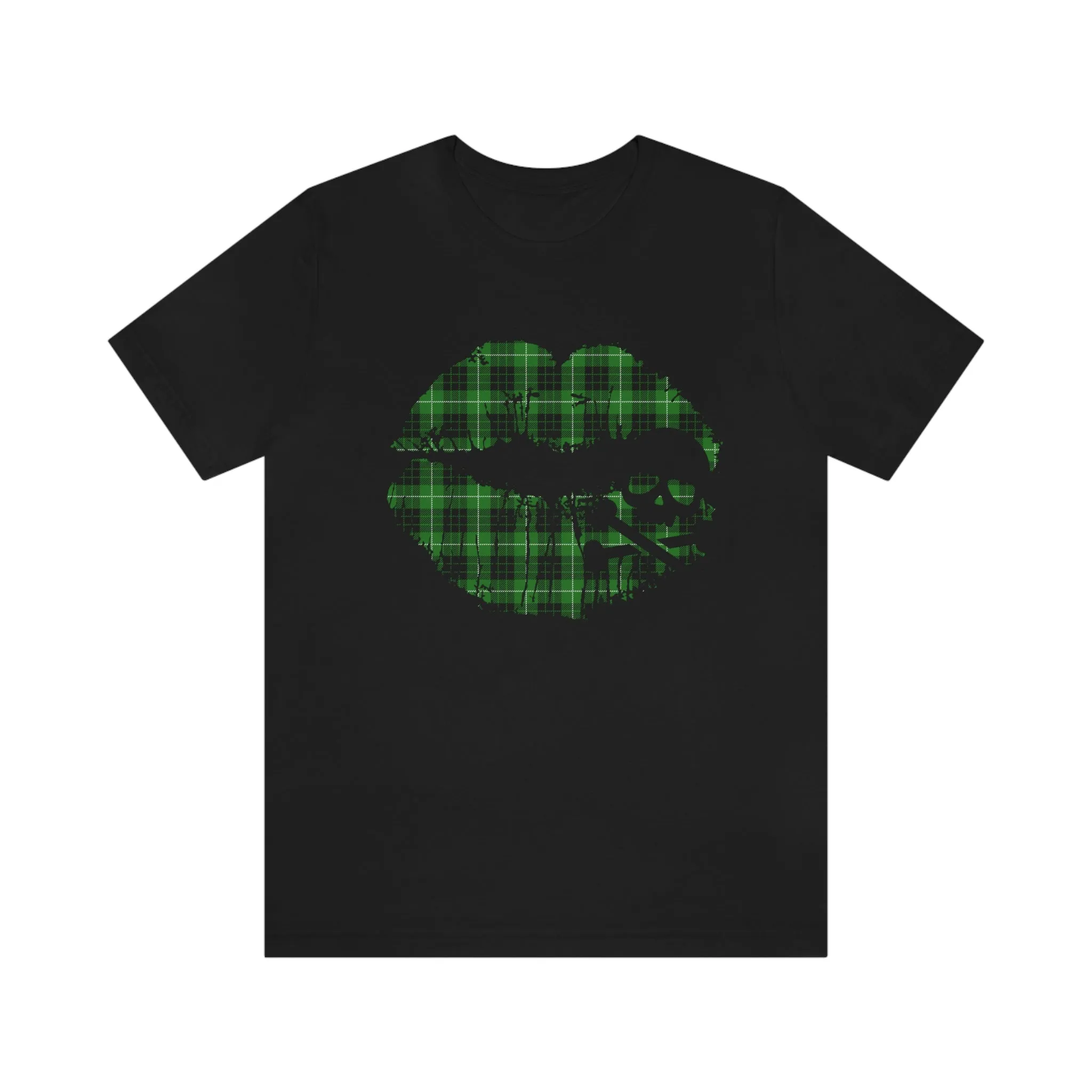 Skull & Crossbones Lips Green Plaid Unisex Jersey Short Sleeve Tee