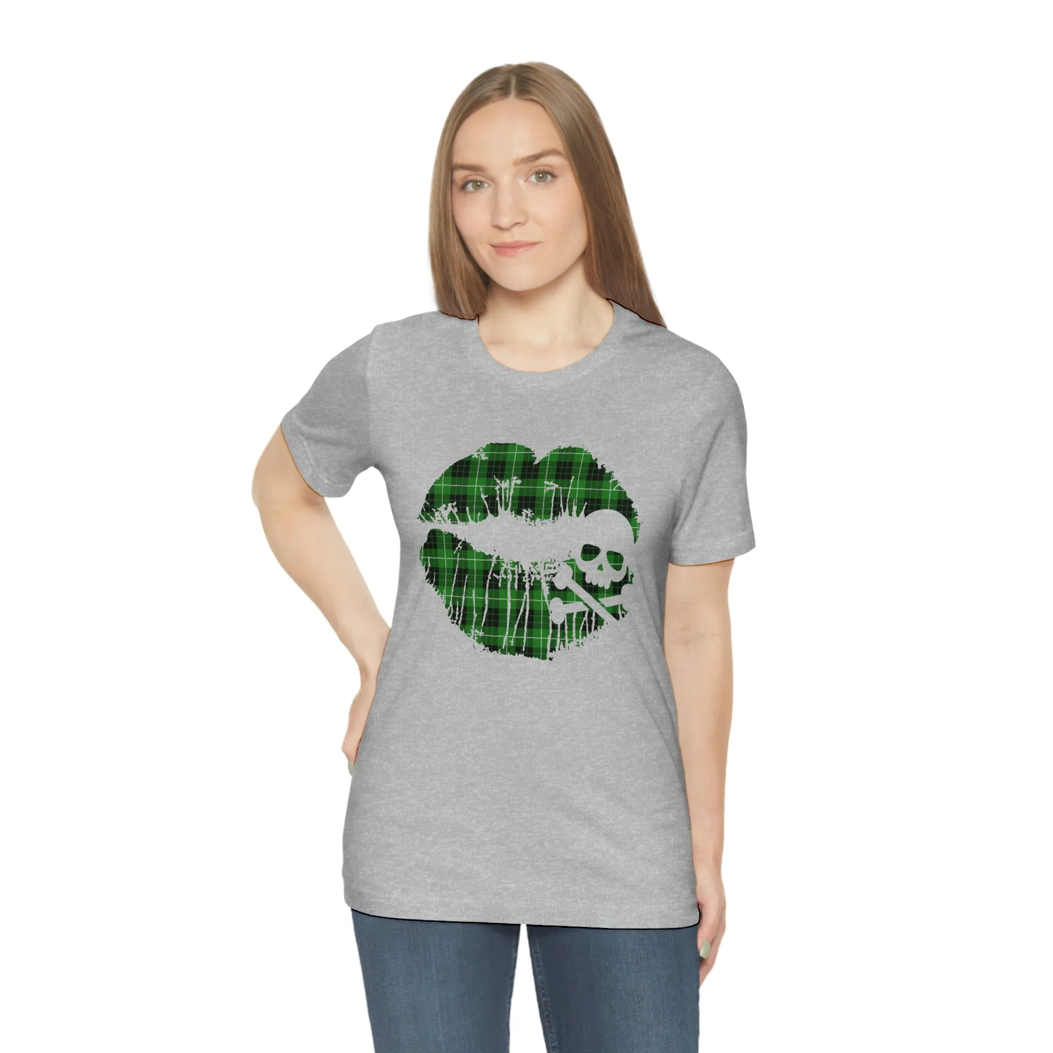 Skull & Crossbones Lips Green Plaid Unisex Jersey Short Sleeve Tee