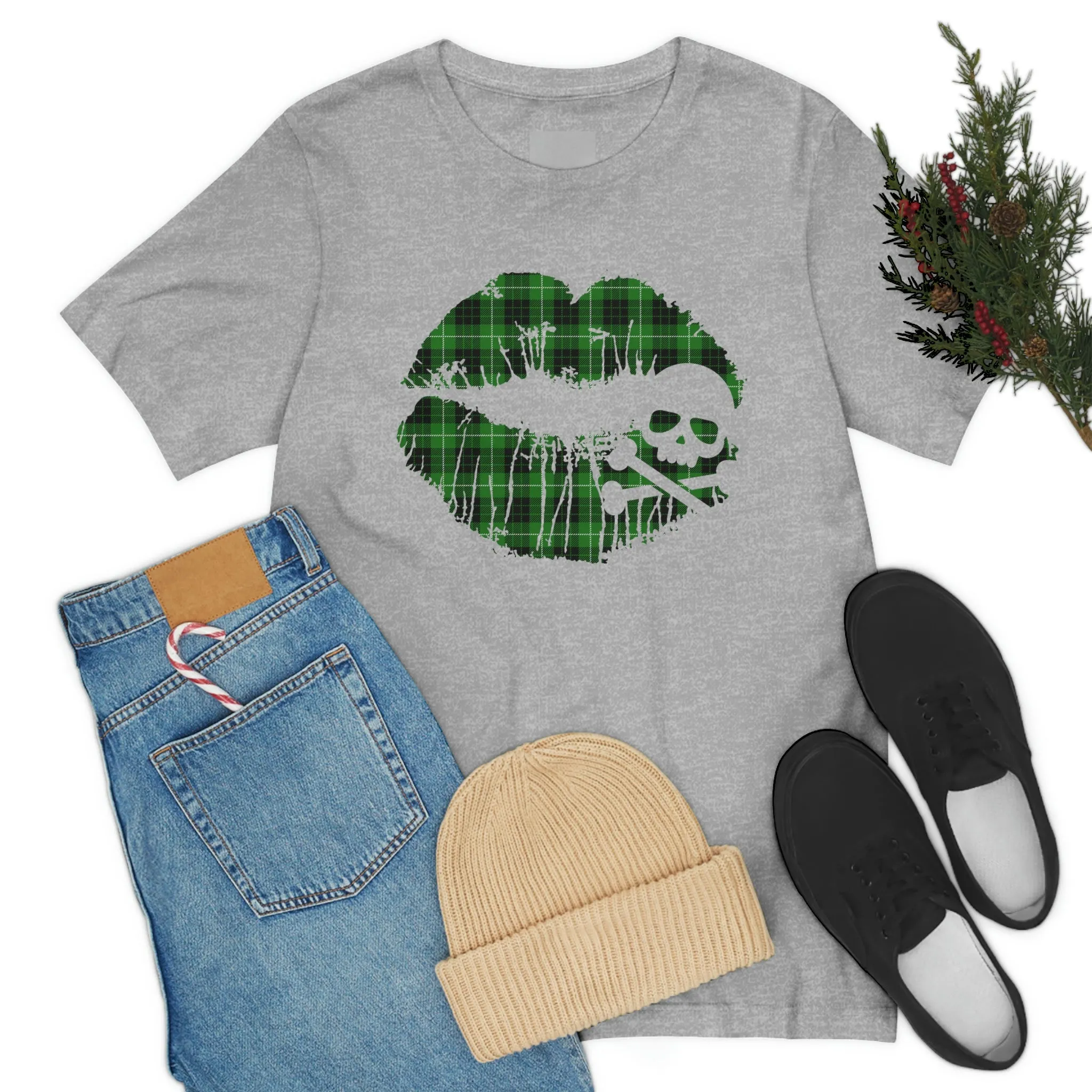 Skull & Crossbones Lips Green Plaid Unisex Jersey Short Sleeve Tee