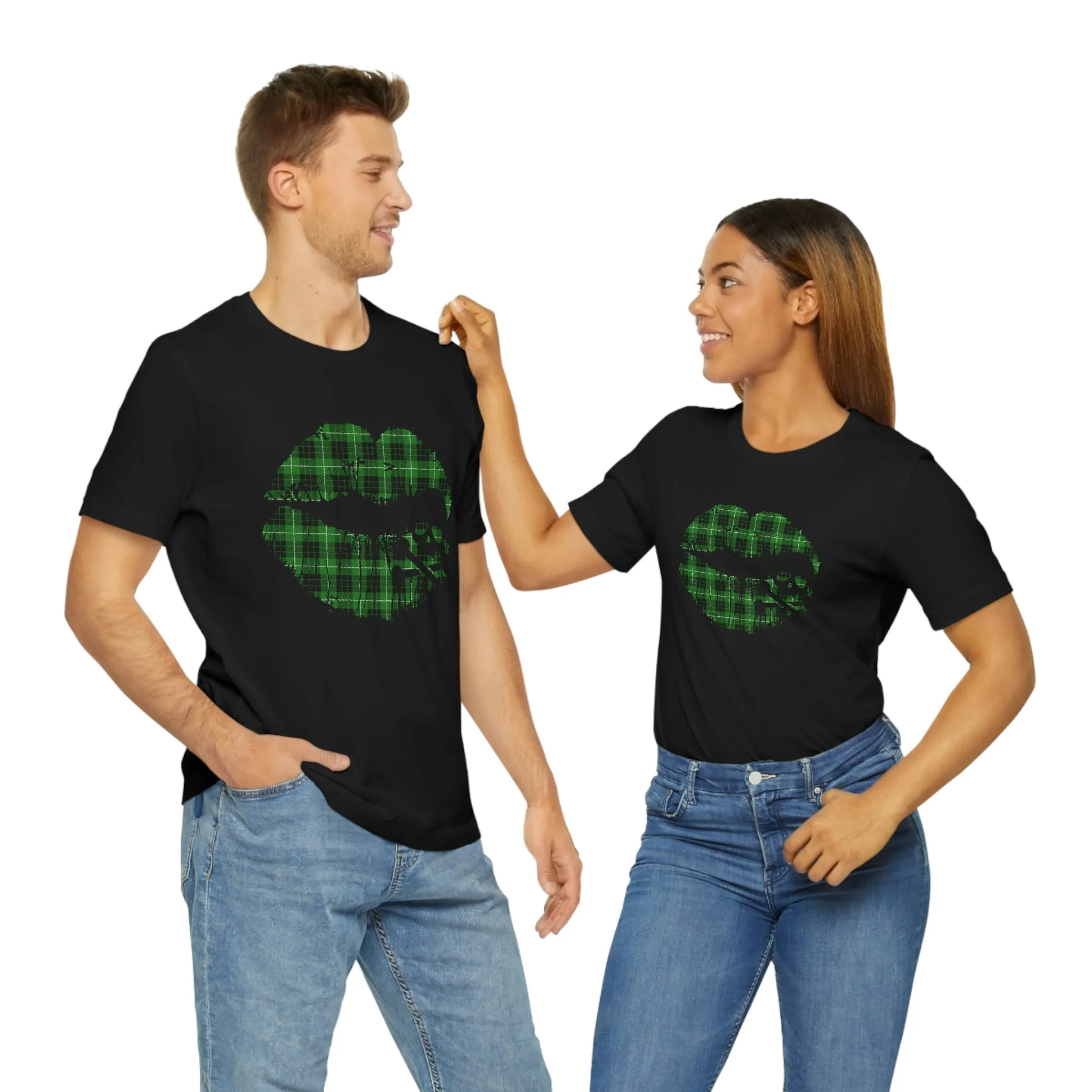 Skull & Crossbones Lips Green Plaid Unisex Jersey Short Sleeve Tee