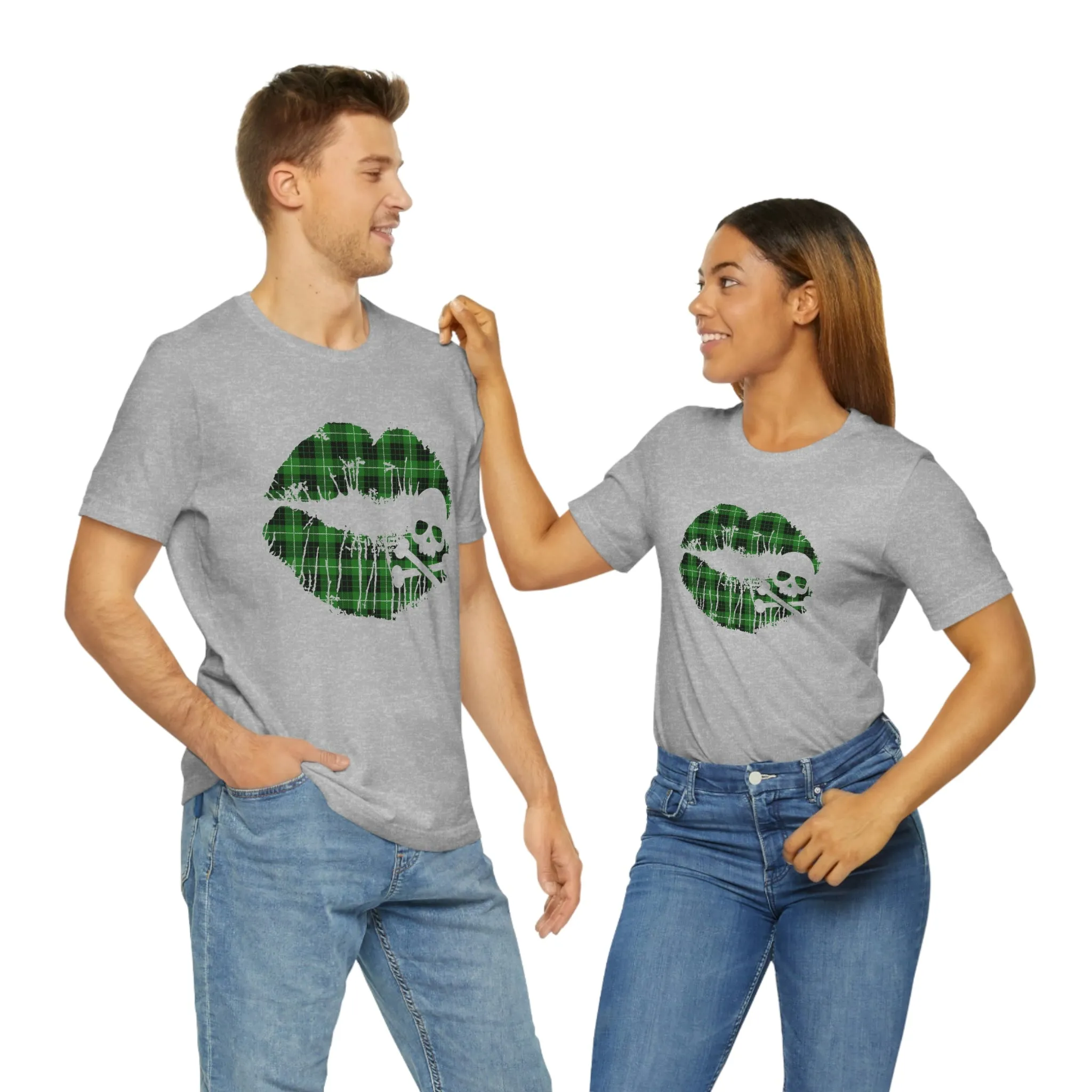 Skull & Crossbones Lips Green Plaid Unisex Jersey Short Sleeve Tee