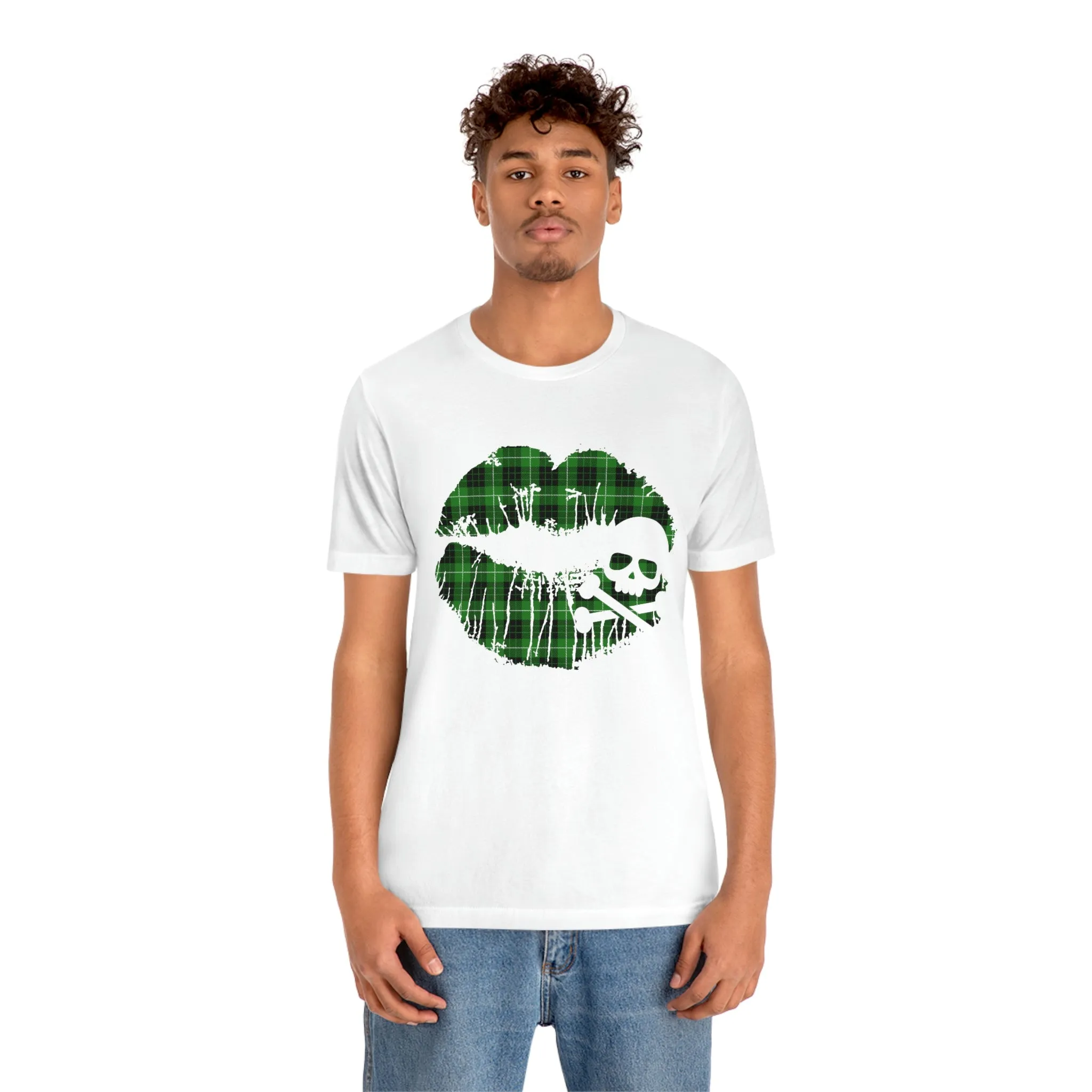 Skull & Crossbones Lips Green Plaid Unisex Jersey Short Sleeve Tee