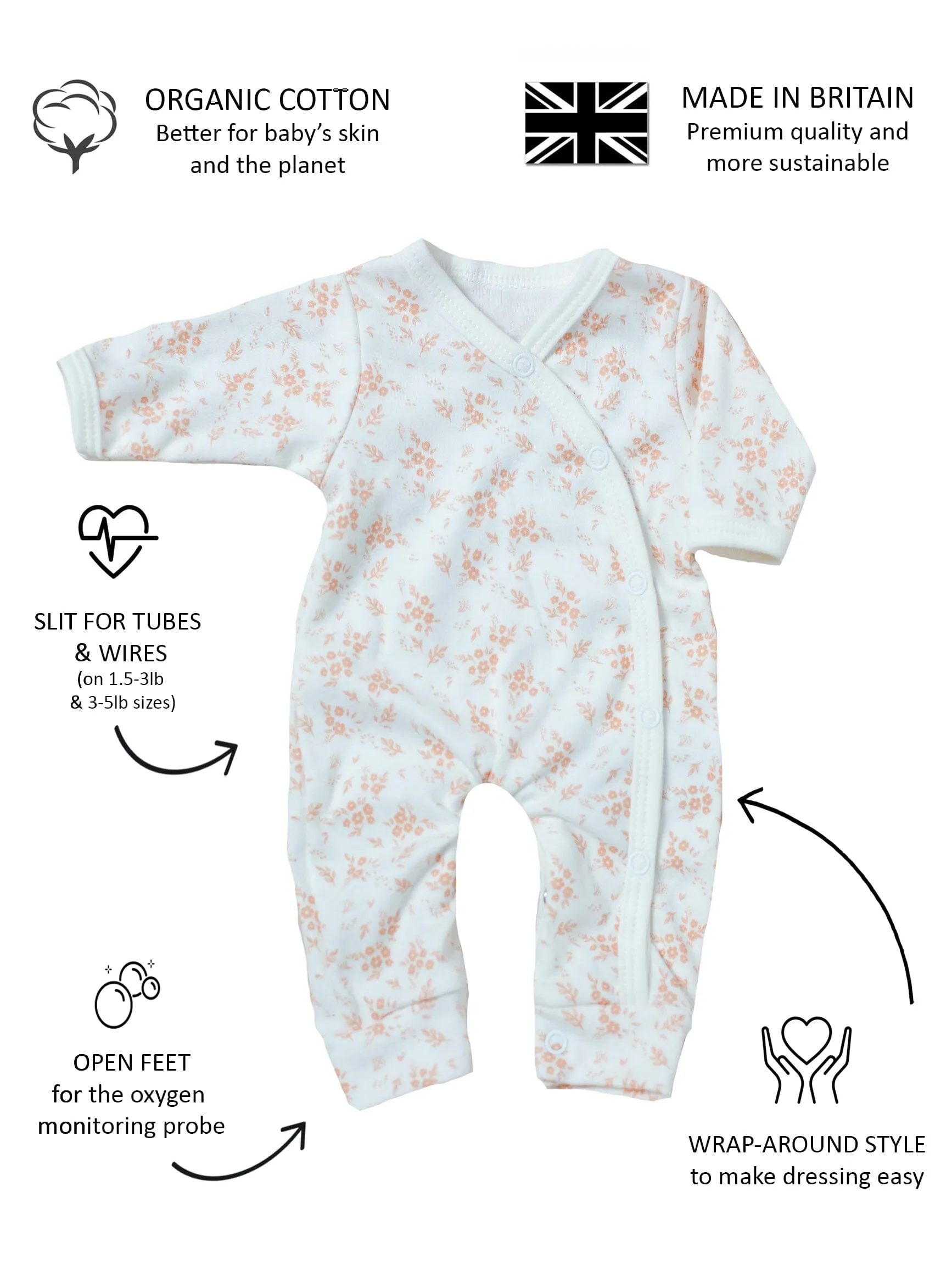 Sleepsuit, Apricot Floral, Premium 100% Organic Cotton