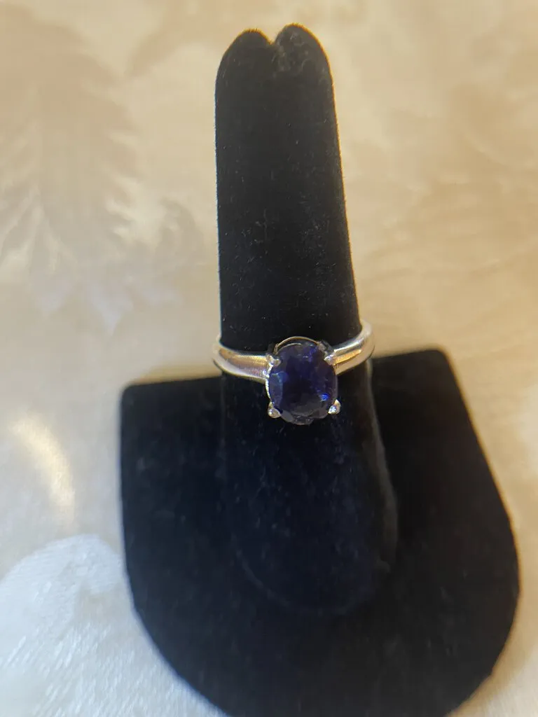 SS Deep Blue Topaz Solitare Ring Size 7