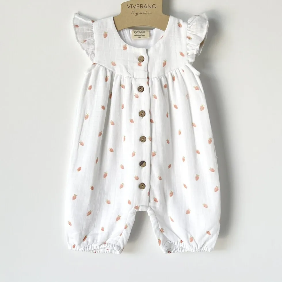 Strawberry Ruffle Button Short Baby Romper (Organic Muslin)