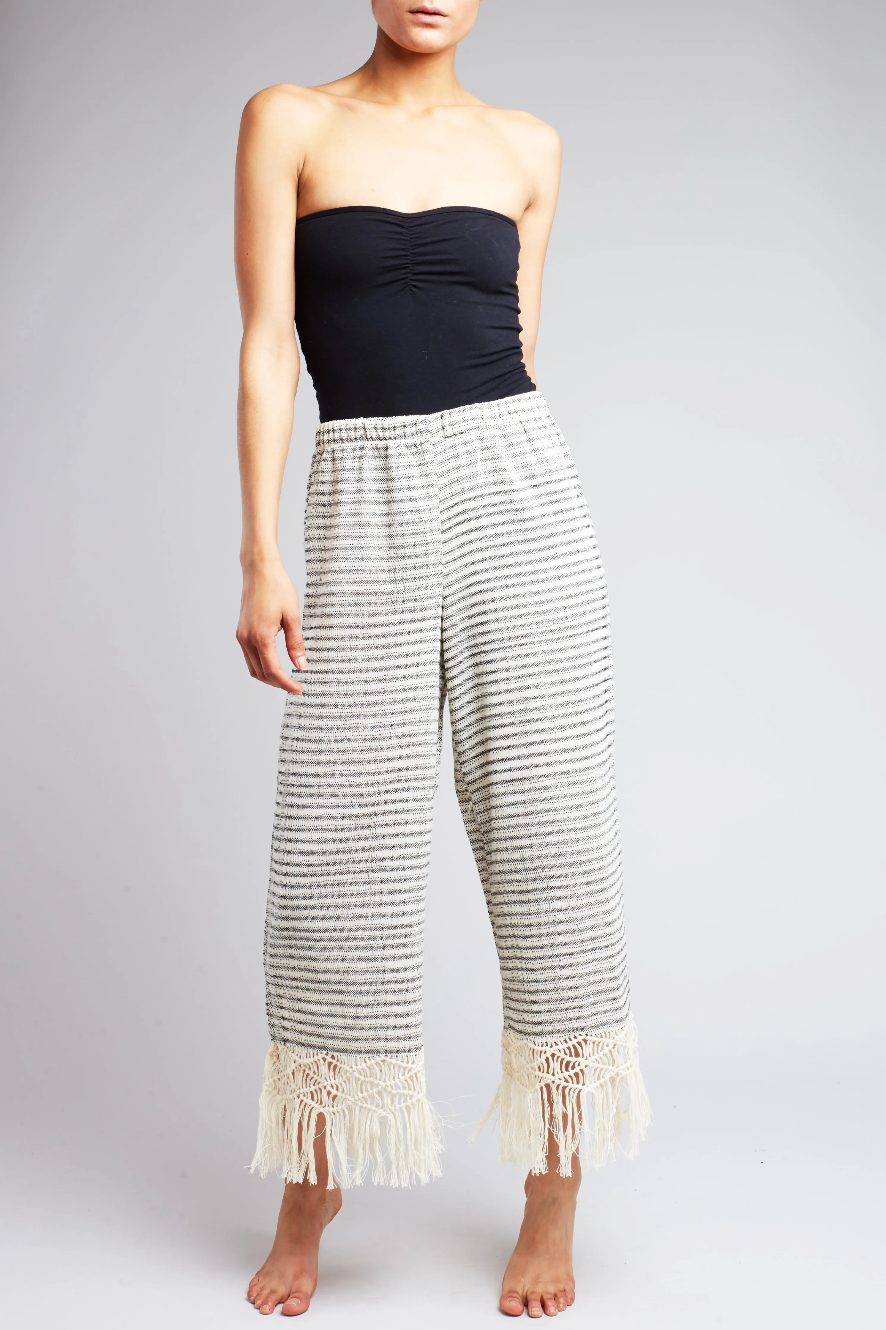 Tallulah Ecru Black Stripe Fringe Pant