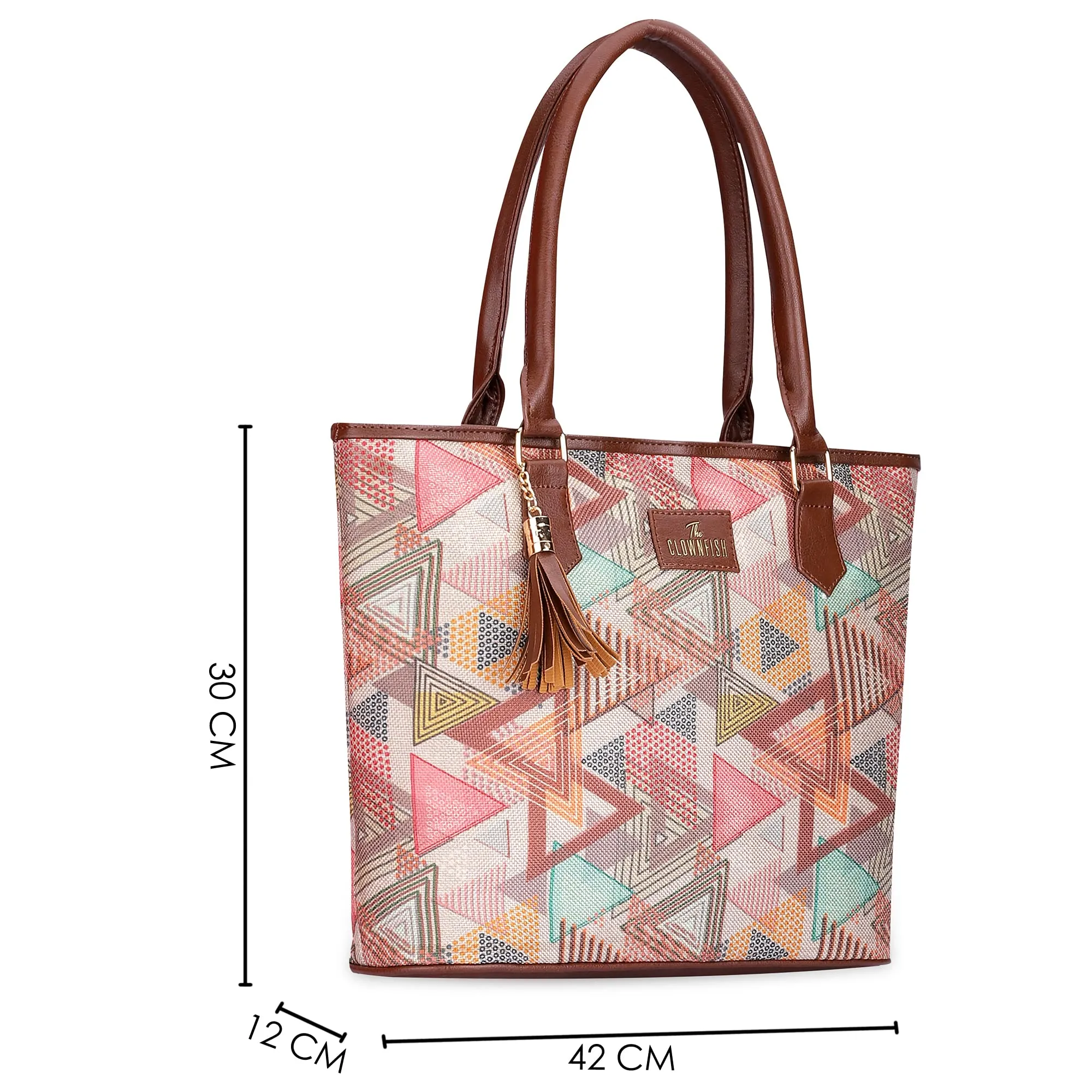 THE CLOWNFISH Aviva Printed Handicraft Fabric Handbag for Women Office Bag Ladies Shoulder Bag Tote for Women College Girls (Multicolour-Triangle Design)