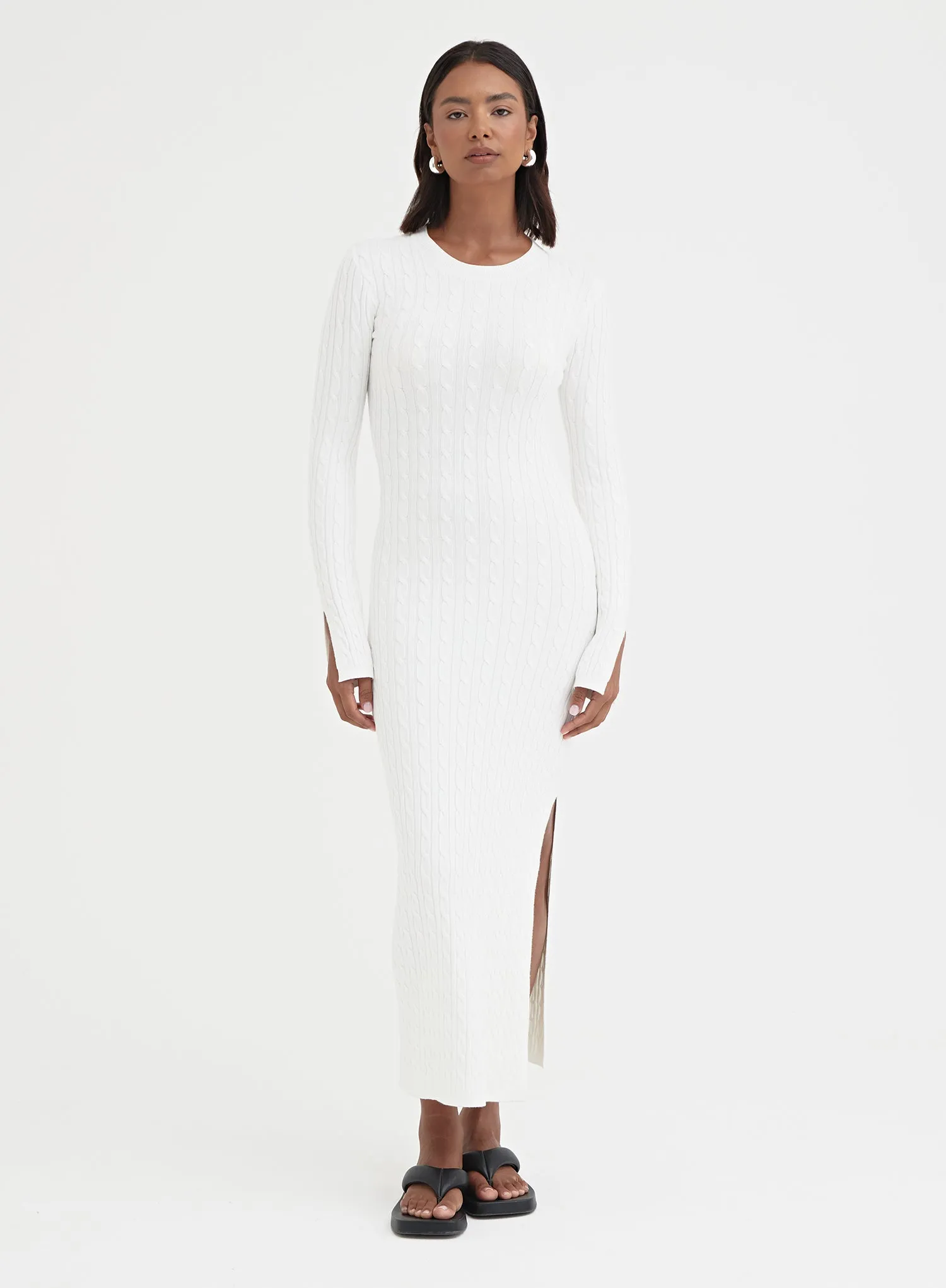 White Knitted Split Detail Midi Dress - Kalea