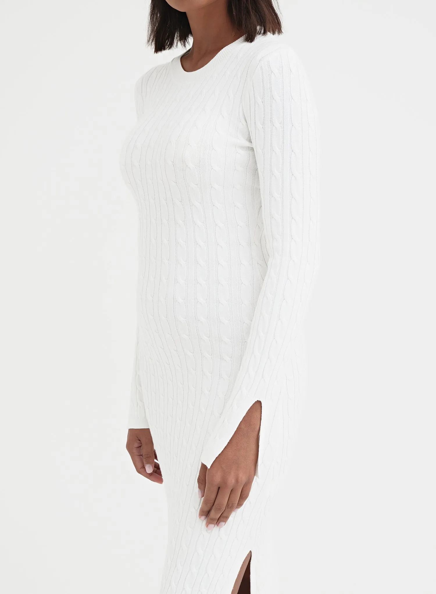 White Knitted Split Detail Midi Dress - Kalea