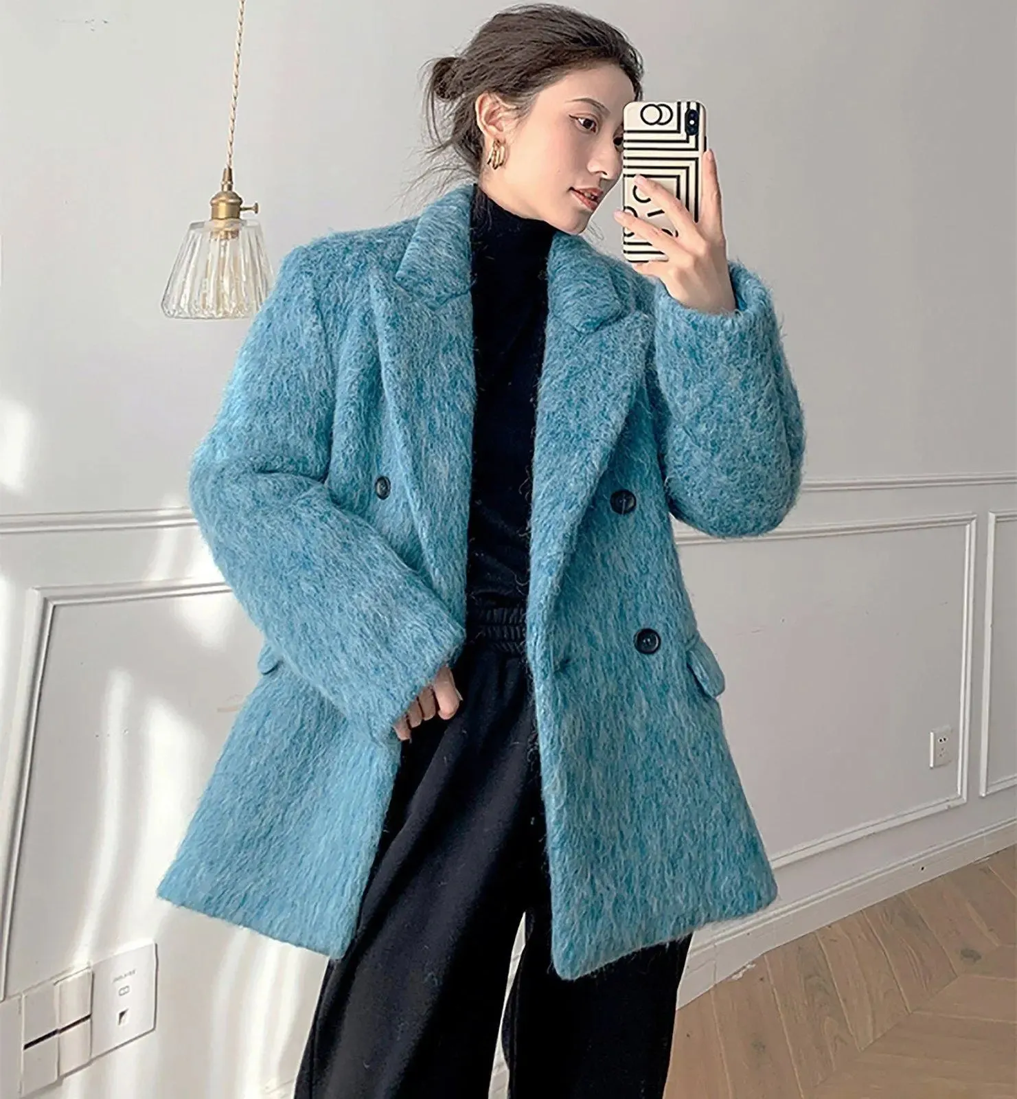 Women Blue Wool Blazer,Fleece Suit,Oversize Wool Coat,Warm Wool Suit Coat,Winter Blazer coat women,Blue wool Suit,Double breasted Suit Coat,