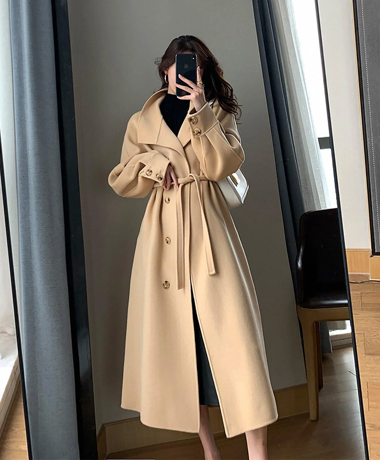 Women Camel Wool Long coat,Grey White Wool Coat,Double Face Wool Coat,Beige Wool Coat,Wool Overcoat,Winter Coat Women,Loose Long Wool Coat