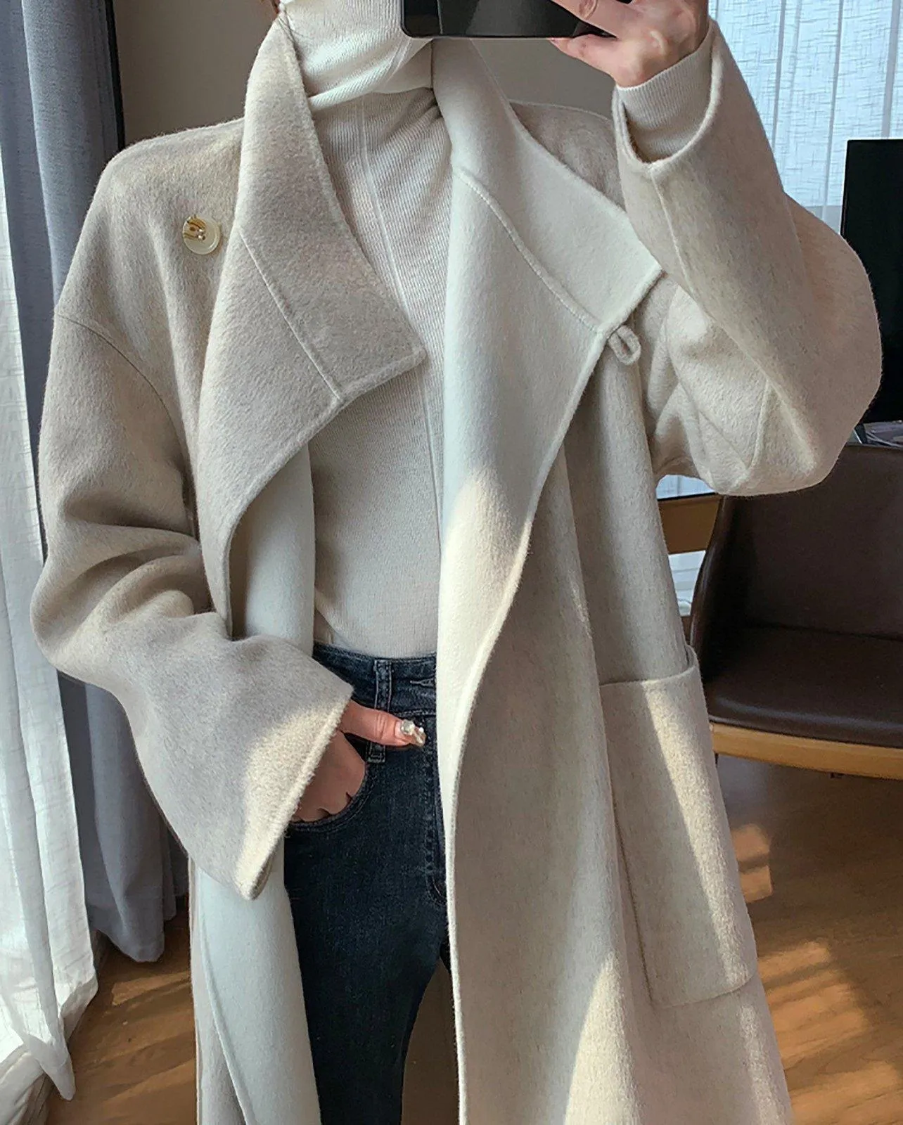 Women Camel Wool Long coat,Grey White Wool Coat,Double Face Wool Coat,Beige Wool Coat,Wool Overcoat,Winter Coat Women,Loose Long Wool Coat