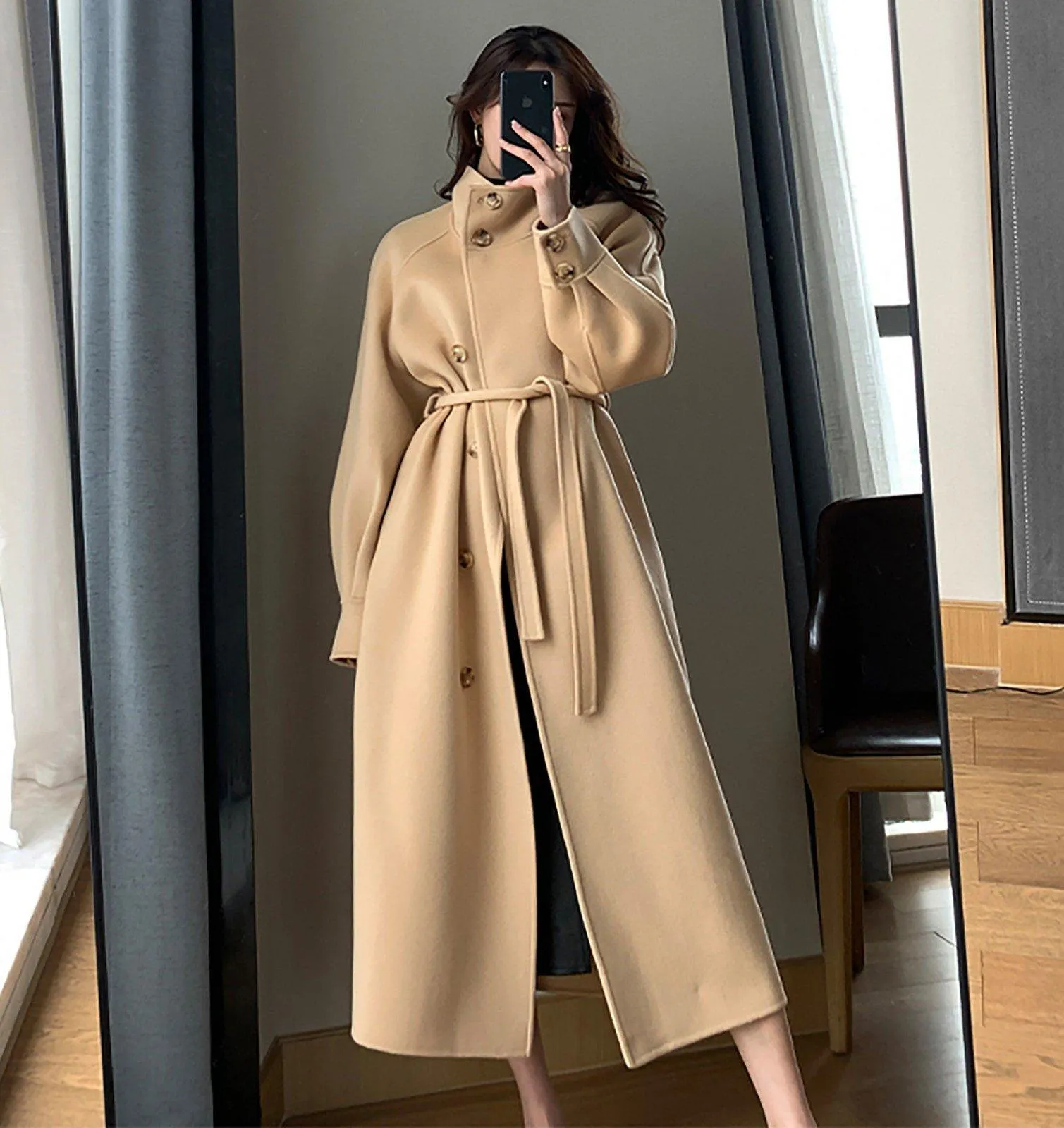 Women Camel Wool Long coat,Grey White Wool Coat,Double Face Wool Coat,Beige Wool Coat,Wool Overcoat,Winter Coat Women,Loose Long Wool Coat