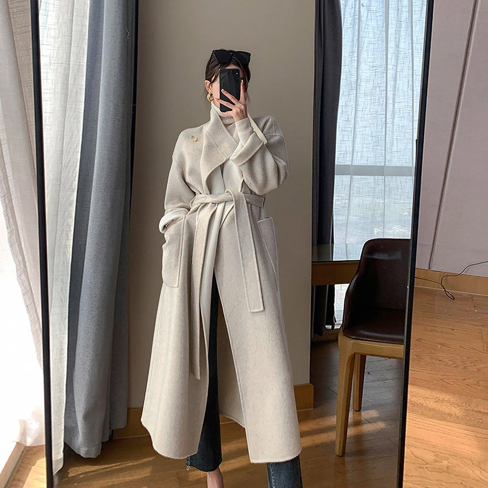 Women Camel Wool Long coat,Grey White Wool Coat,Double Face Wool Coat,Beige Wool Coat,Wool Overcoat,Winter Coat Women,Loose Long Wool Coat