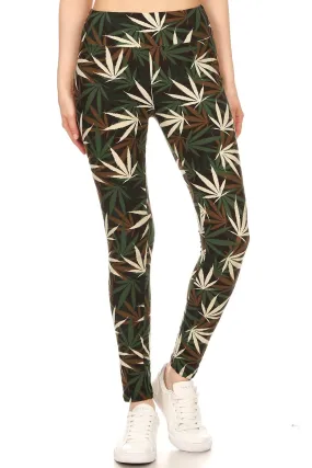 Women Regular High Waist Olive Brown Leaf Cannabis Printed Yoga Pants Leggings