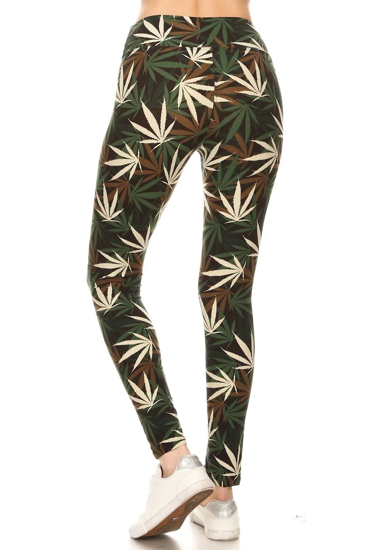 Women Regular High Waist Olive Brown Leaf Cannabis Printed Yoga Pants Leggings