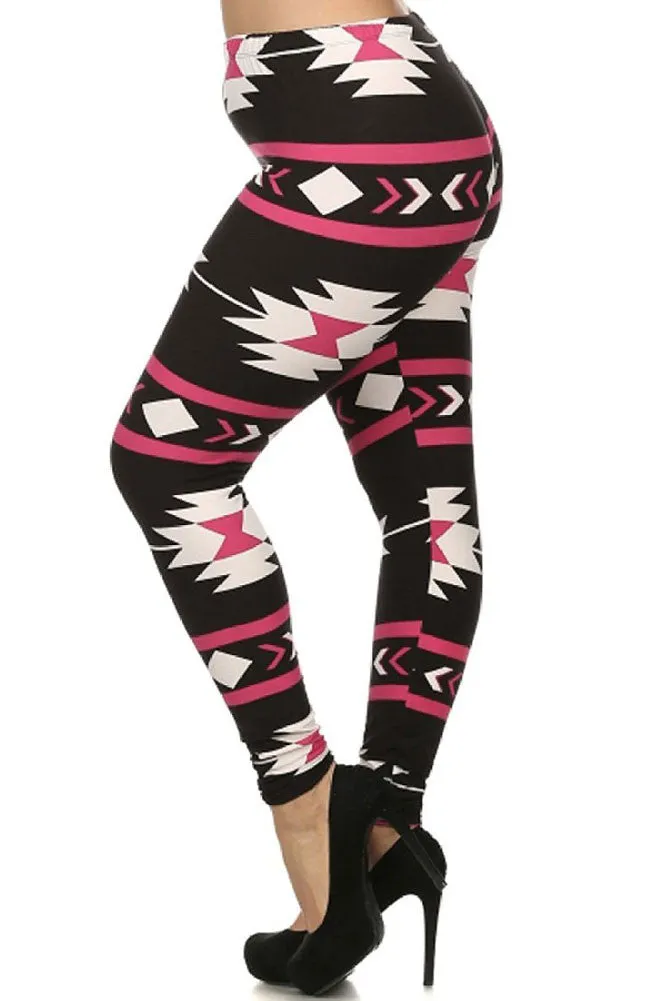 Women's Plus Aztec and Stripe Pattern Print Leggings