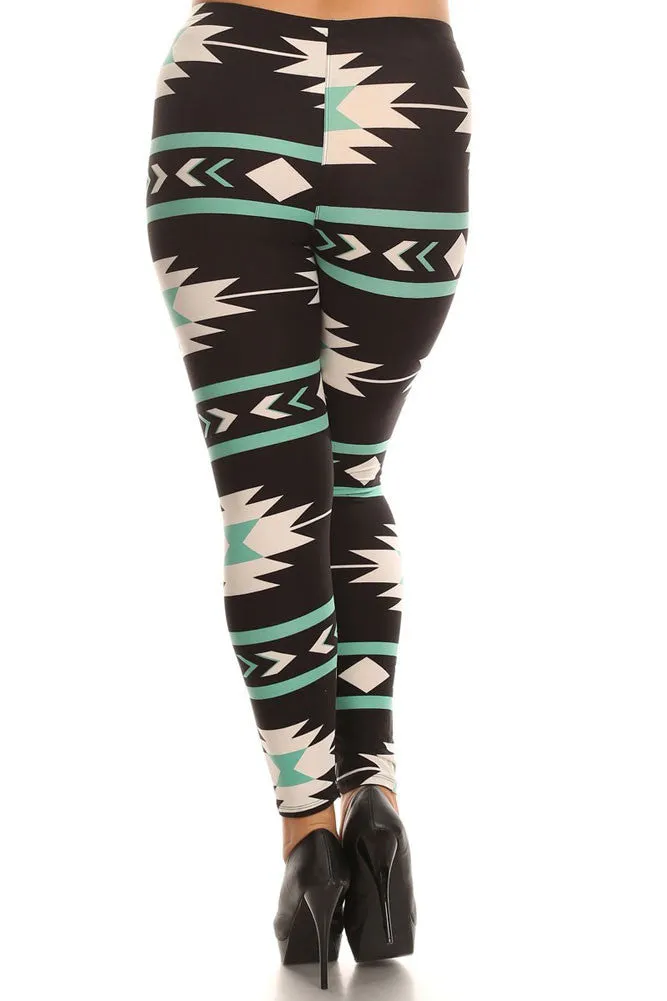 Women's Plus Aztec and Stripe Pattern Print Leggings