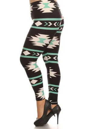 Women's Plus Aztec and Stripe Pattern Print Leggings